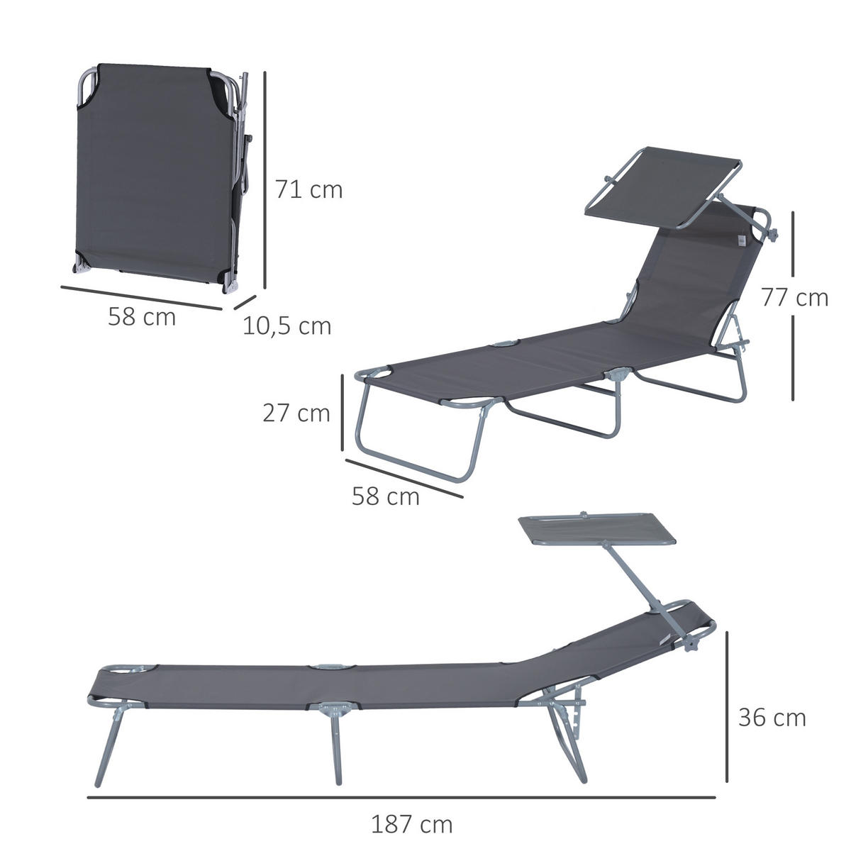 SONNENLIEGE mit Sonnenschutz, Grau - Grau, Textil/Metall (58/27/187cm) - Outsunny