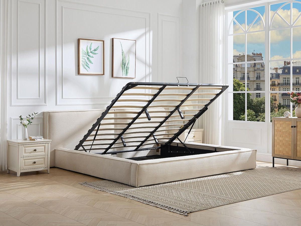 BETT mit Bettkasten - 2 Personen - Samt, Stoff - Beige - Beige, Textil (180/200cm) - Vente-Unique