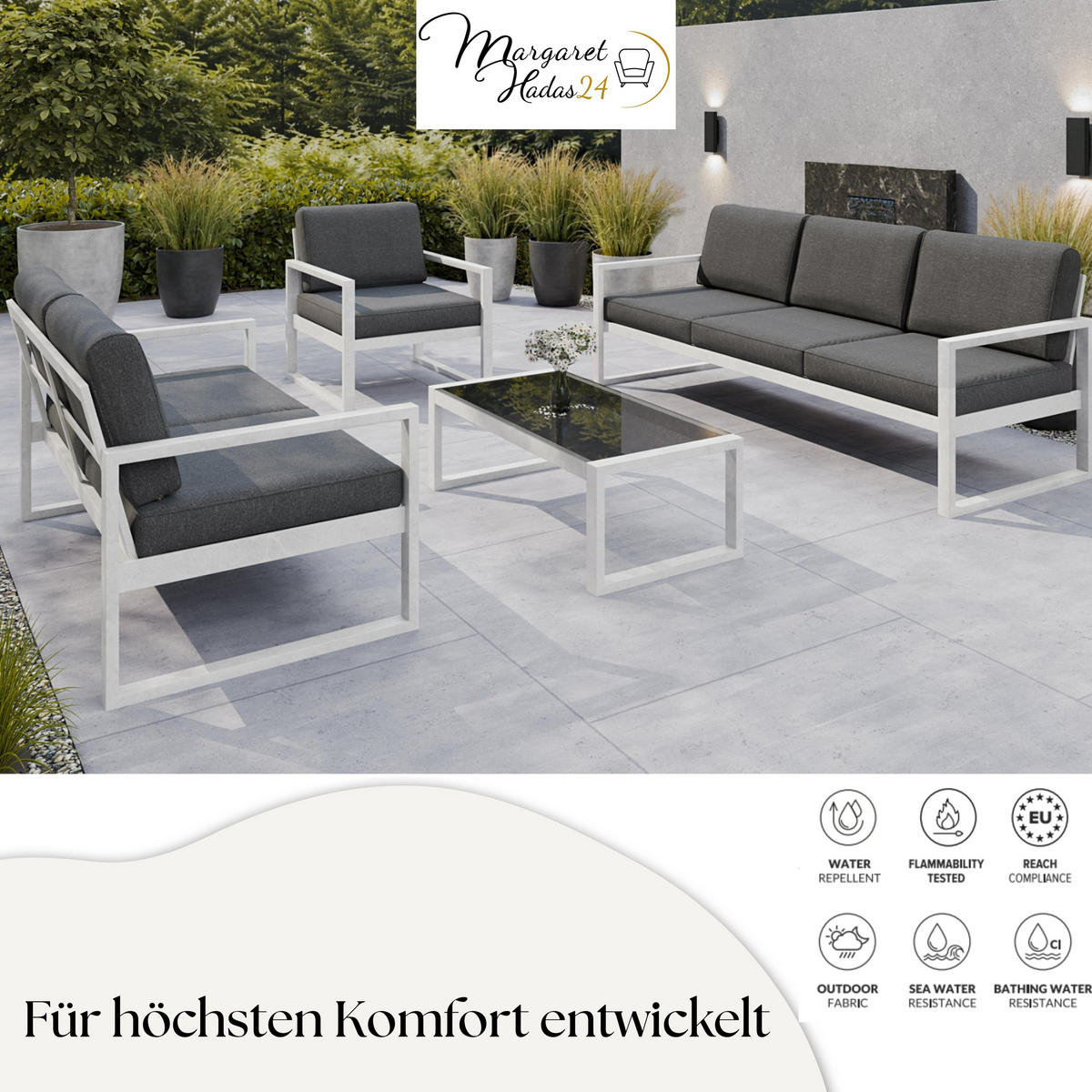 GARTENSOFA 3 Sitzer Madera 216x80cm, weiß, dunkelgrau - Dunkelgrau/Weiß, Kunststoff/Metall (216/86/80cm) - Margaret Hadas24
