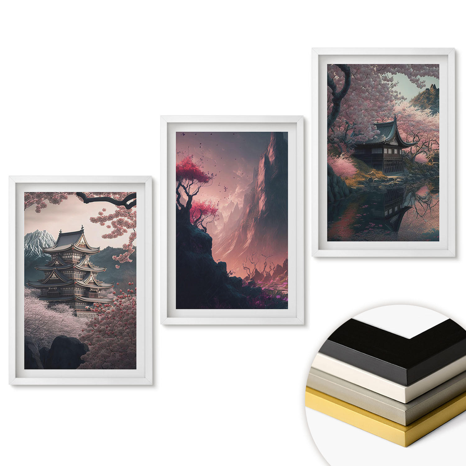 WANDBILDER 3er-Set - 40x60 cm Weißer Rahmen - Fantasielandschaften der japanischen Berge - Weiß, Kunststoff (40/60cm) - ArtPrintCave