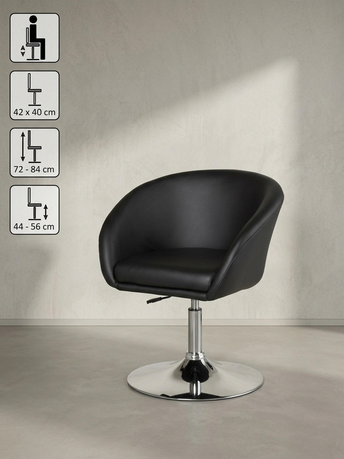 LOUNGESESSEL verstellbare Sitzhöhe mit Trompetenfuß Retro LIFT , Schwarz 62x55x84 cm - Silberfarben/Schwarz, Kunststoff/Textil (62/84/55cm) - KADIMA DESIGN