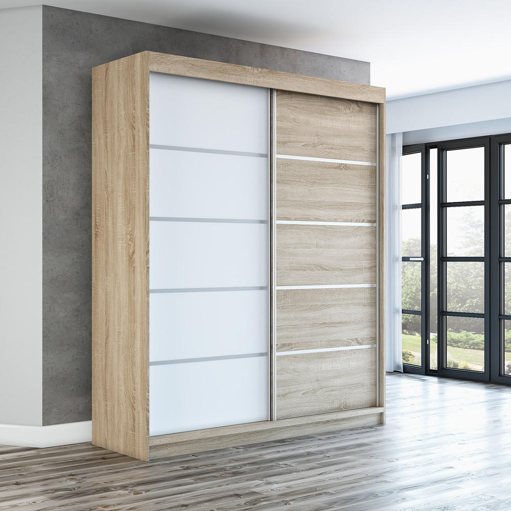 SCHWEBETÜRENSCHRANK 180 CM TREND Farbe: Sonoma , weiß , sonoma - Braun/Weiß, Holzwerkstoff (180/215/59.5cm) - A&J MöbelLand