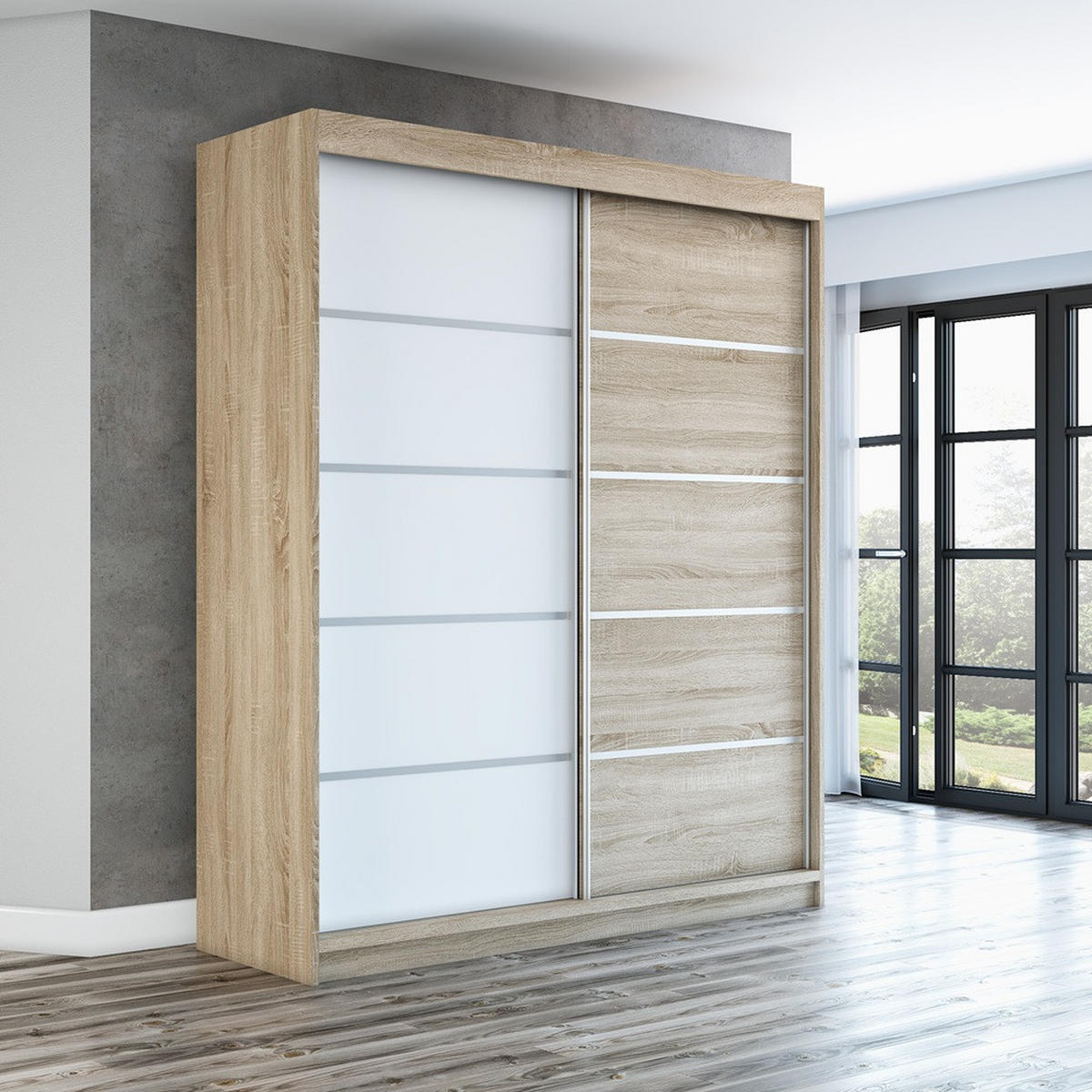 SCHWEBETÜRENSCHRANK 180 CM TREND Farbe: Sonoma , weiß , sonoma - Braun/Weiß, Holzwerkstoff (180/215/59.5cm) - A&J MöbelLand