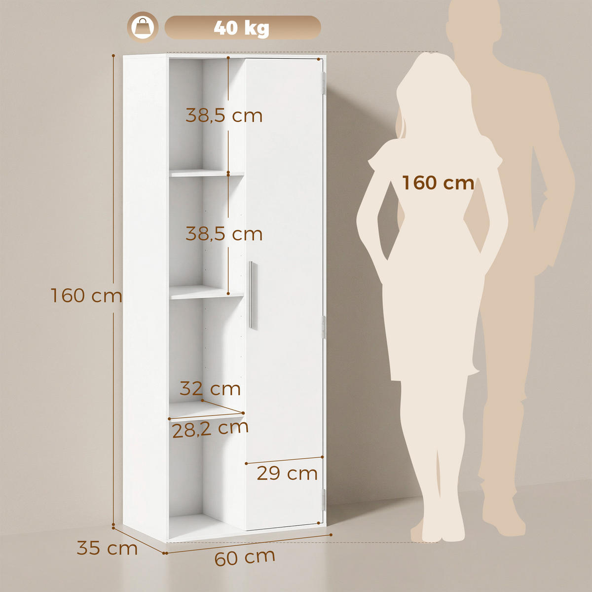 BÜCHERREGAL DE-09903 4-stöckig mit Schrank und Türen Weiß - Weiß, Holzwerkstoff (35/160/60cm) - ComfortXL