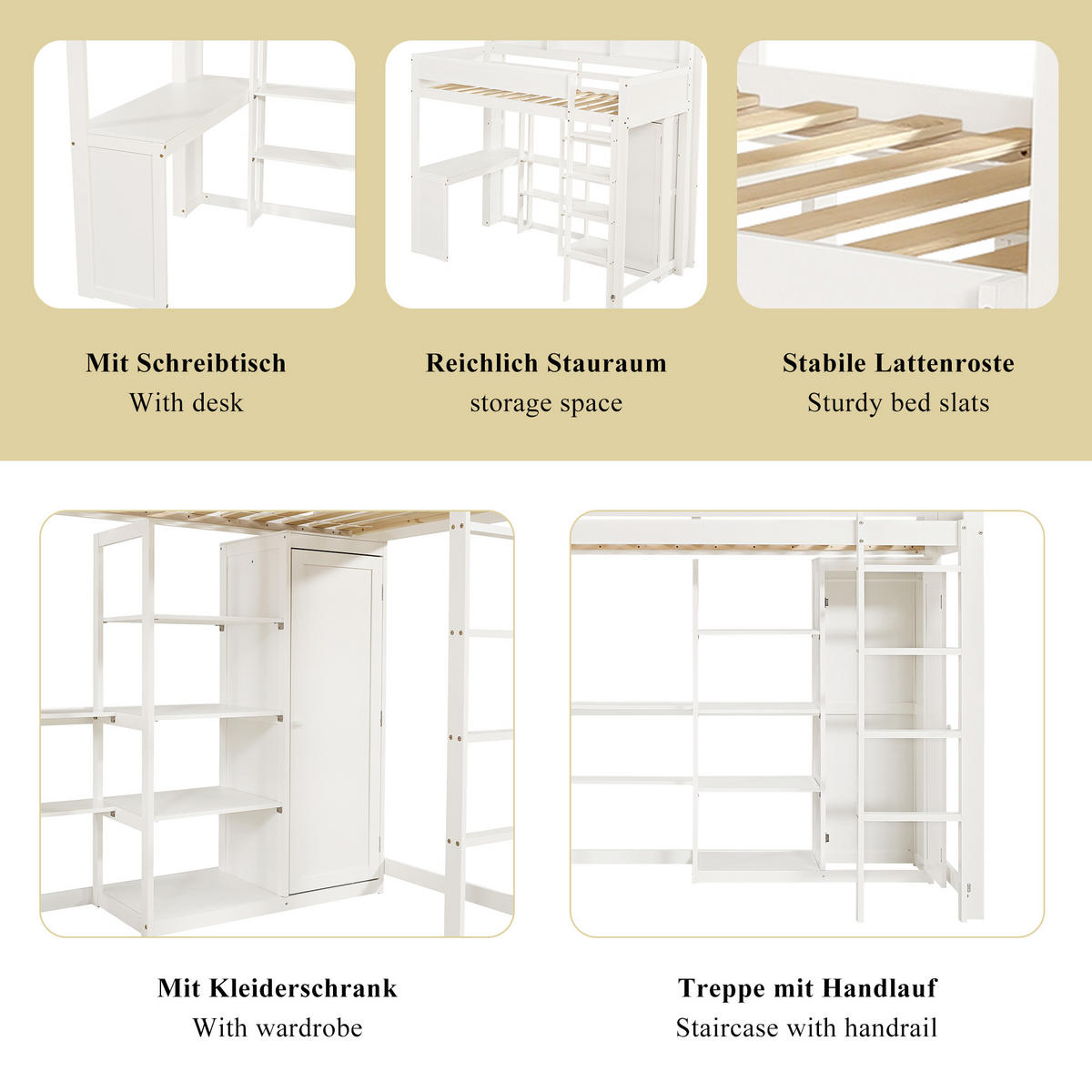 ETAGENBETT 90/200 cm in Weiß mit Regal, Tisch und Kleiderschrank - Weiß, Holz/Holzwerkstoff (90/200cm) - WISHDOR