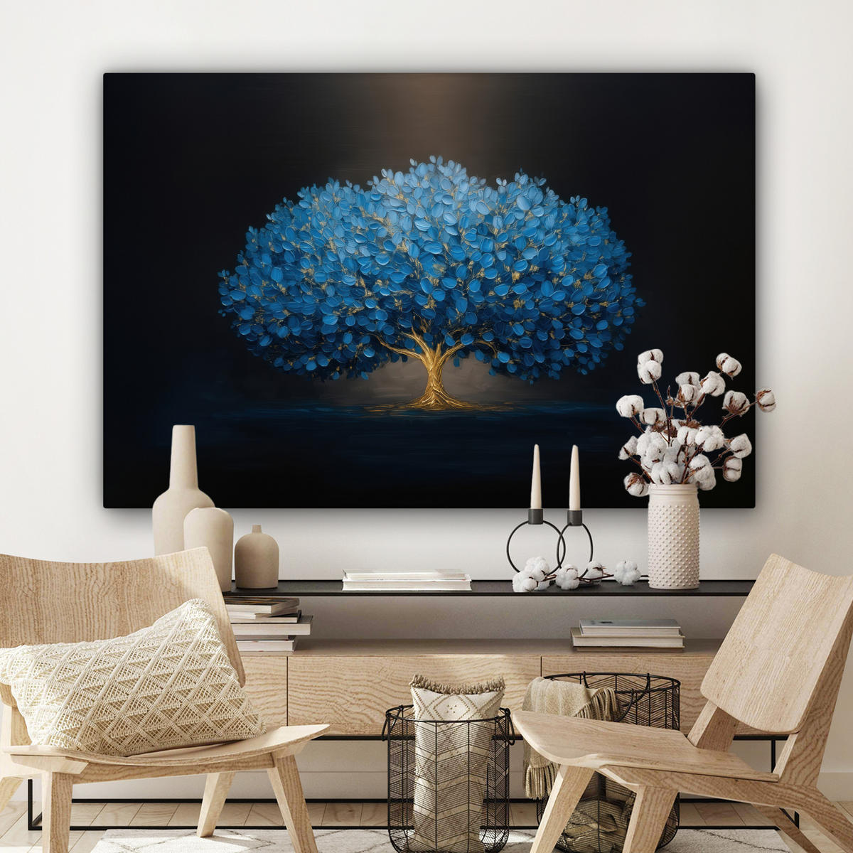 LEINWANDBILD Baum - Blau - Blätter - Pinselstriche Wohnzimmer Groß 120x80 cm - Blau, Textil (120/80cm) - MuchoWow