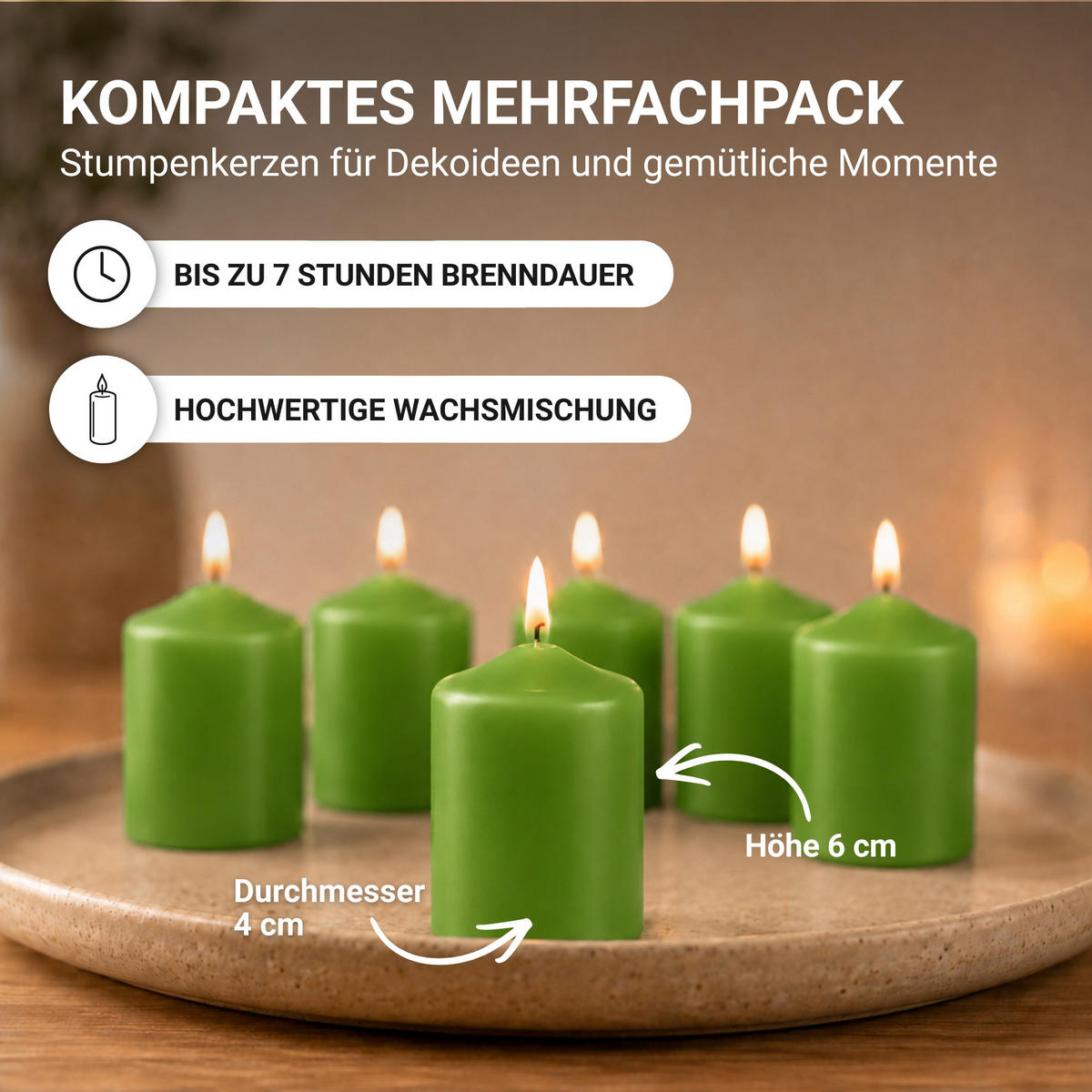 STUMPENKERZEN Ø4cm x 6cm - 6er Pack Grün - Grün, Naturmaterialien (4/6cm)