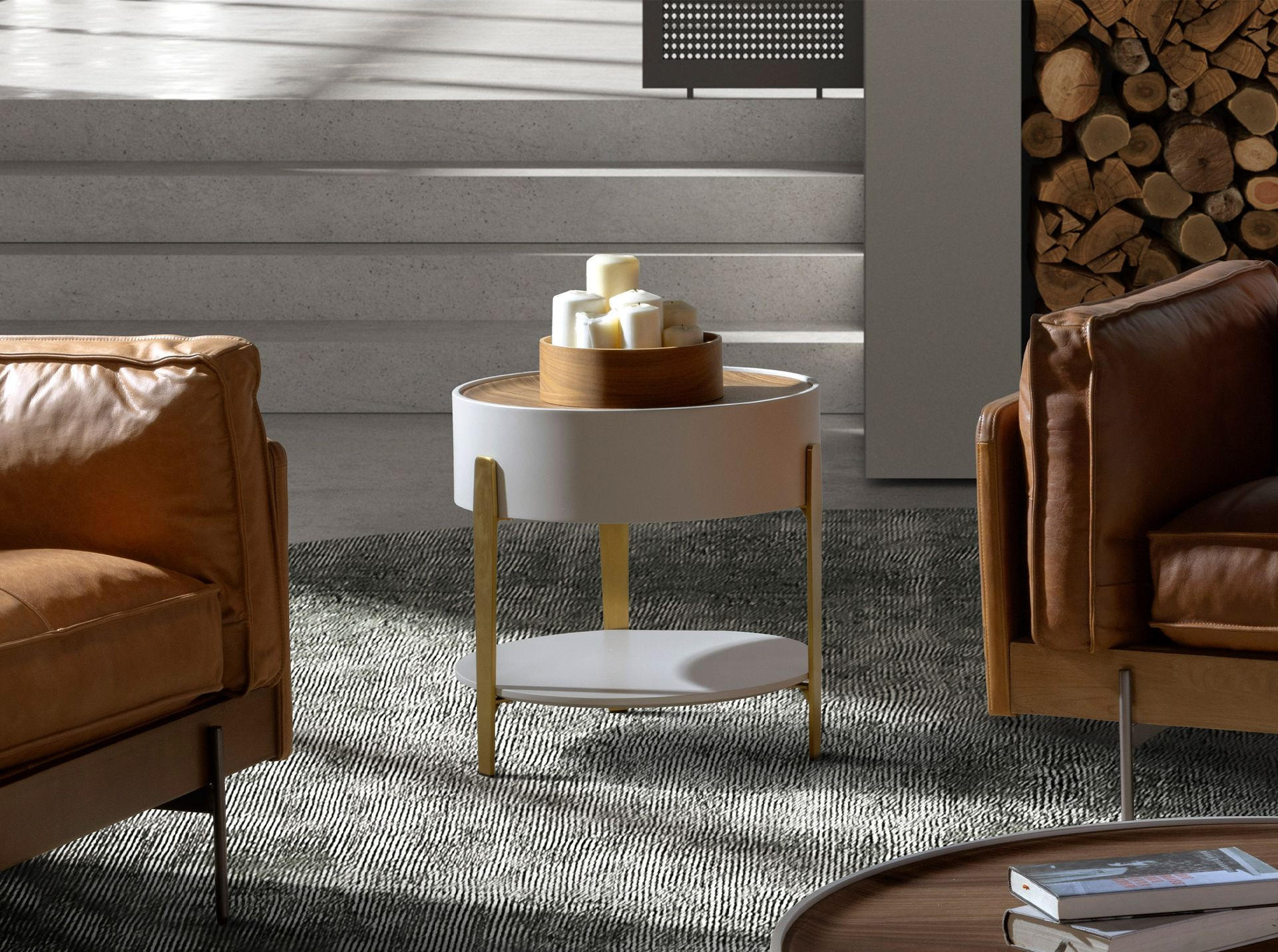 BEISTELLTISCH rund Beige Gold Walnuss 52/52/50 cm - Beige, Holzwerkstoff/Metall (52/52/50cm) - ANGEL CERDA