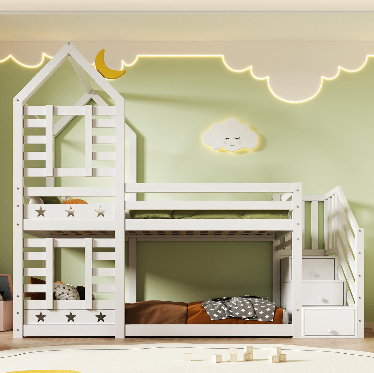 HAUSBETT 90/200 cm Weiß mit Treppe und Stauraum im Hausbett-Design - Weiß, Holzwerkstoff (90/200cm) - Flora Grace
