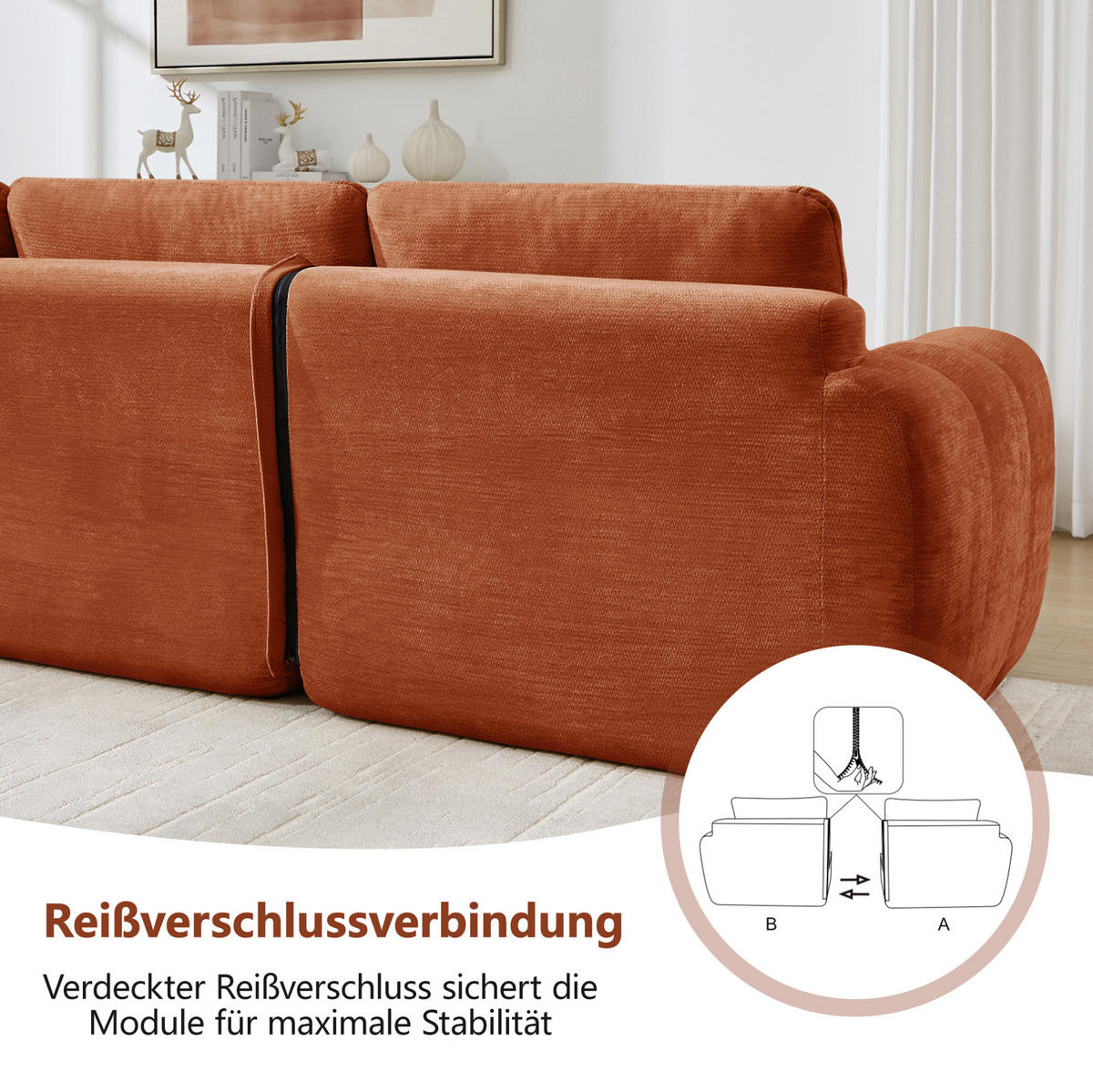 SOFA 264/160/68 cm in Orange aus Chenille mit Ottoman - Orange, Textil (160/68/264cm) - Flora Grace
