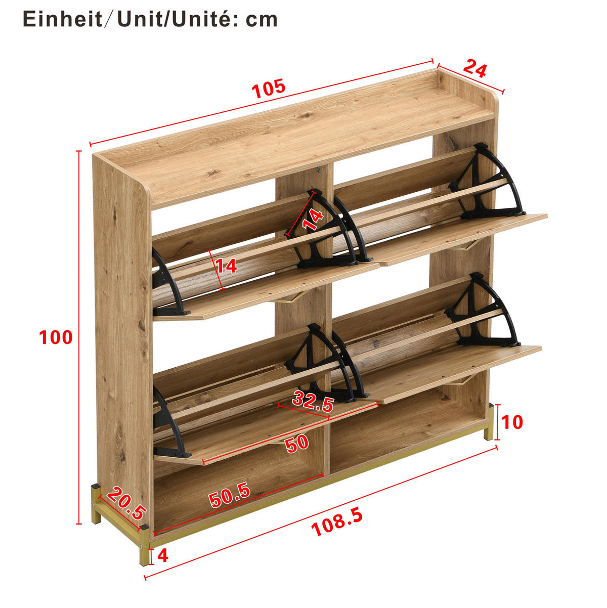 SCHUHSCHRANK 108,5/24/100 cm Holzfarbe aus MDF mit 4 Klappen - Naturfarben, Holzwerkstoff (108.5/100/24cm) - OKWISH