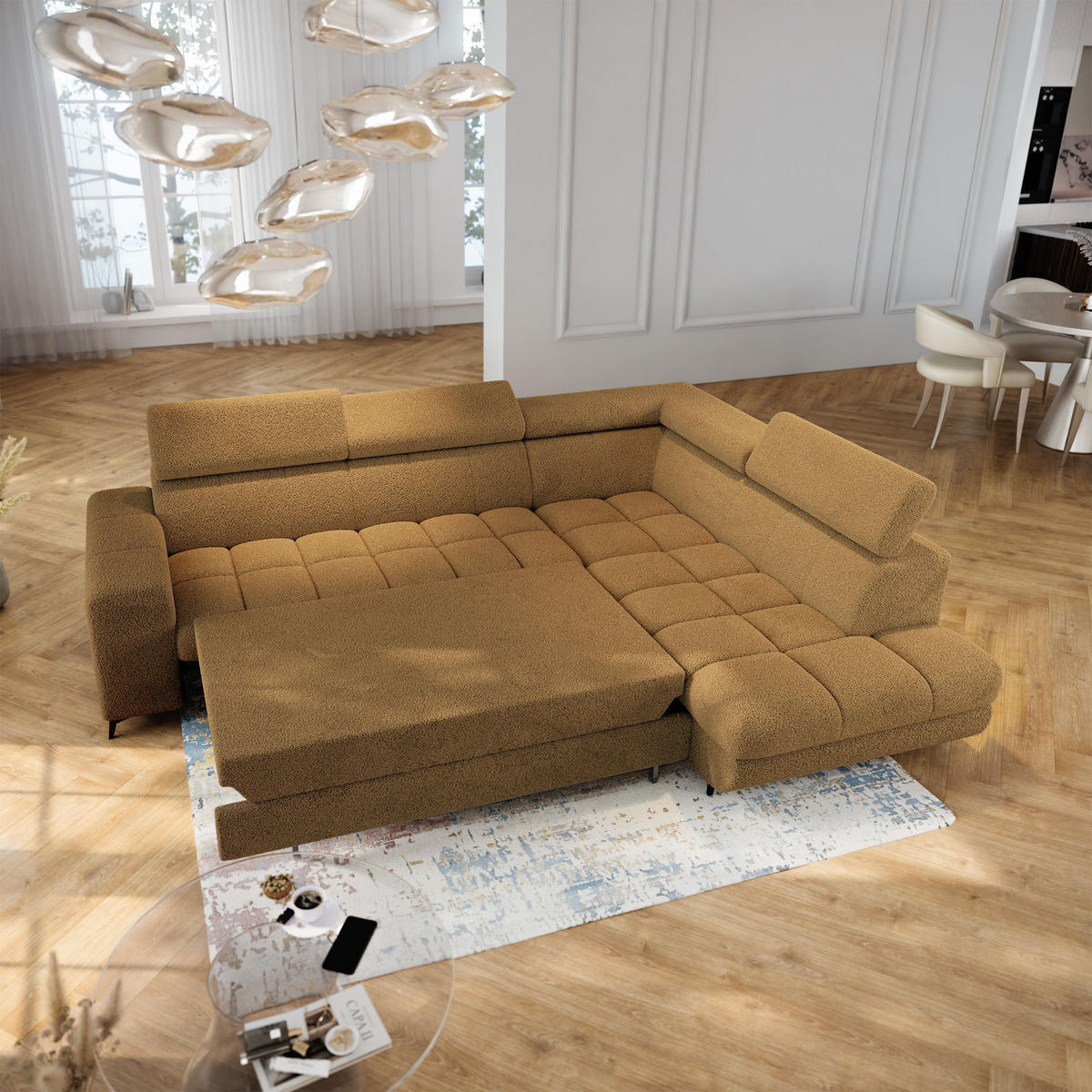 ECKSOFA MORIVA Q R-S Orange Boucle-Stoff mit Schlaffunktion - Orange, Holzwerkstoff/Textil (253/190cm) - MASSENO