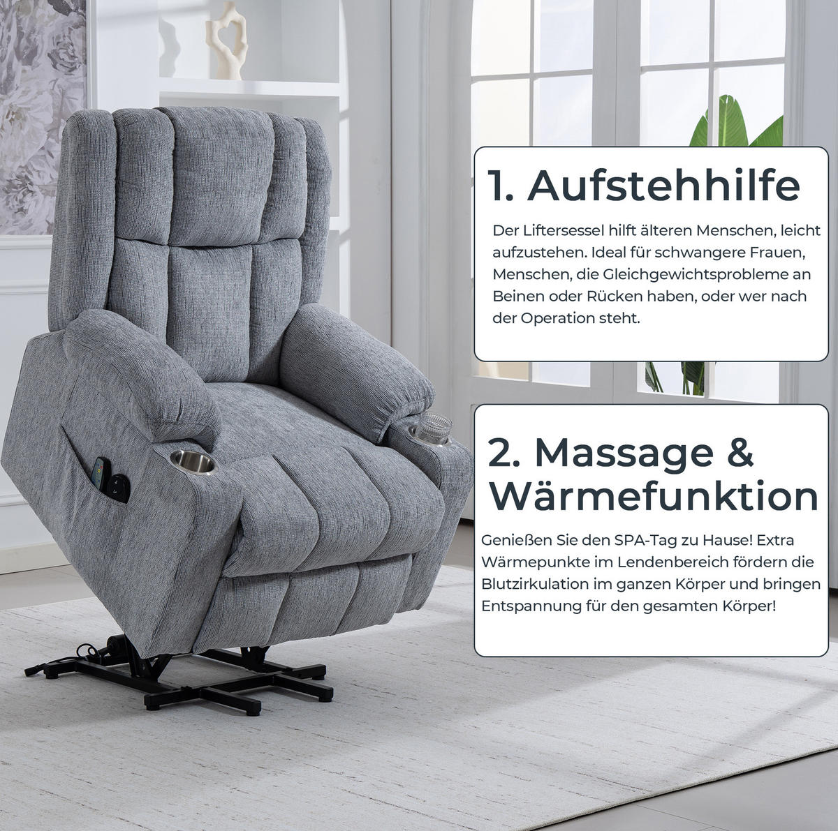 RELAXAČNÍ křeslo světle šedé ze sametu s elektrickým polohováním, výklopnou pomocí a masáží - světle šedá, textil (84/106/91cm) - OKWISH