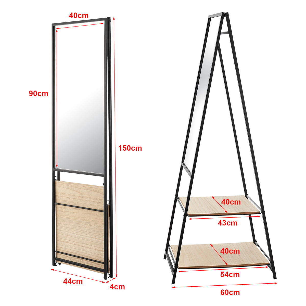 STANDSPIEGEL Chamois mit 2 Ablagen - Schwarz, Glas/Metall (40/150/90cm) - [en.casa]