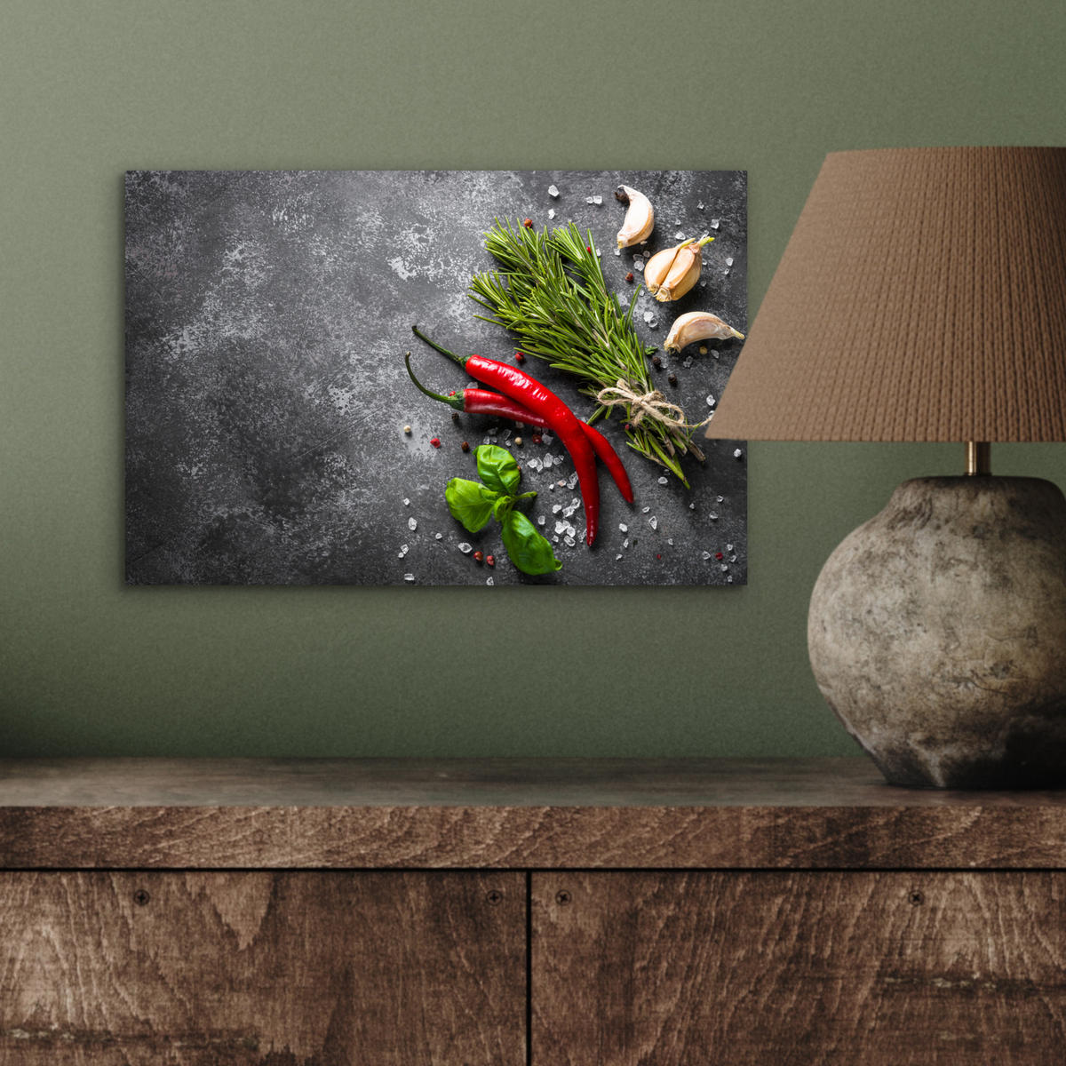 KOVOVÝ OBRAZ Korenie - bylinky - korenie - betón 30x20 cm - tmavosivá, kov (30/20cm) - MuchoWow