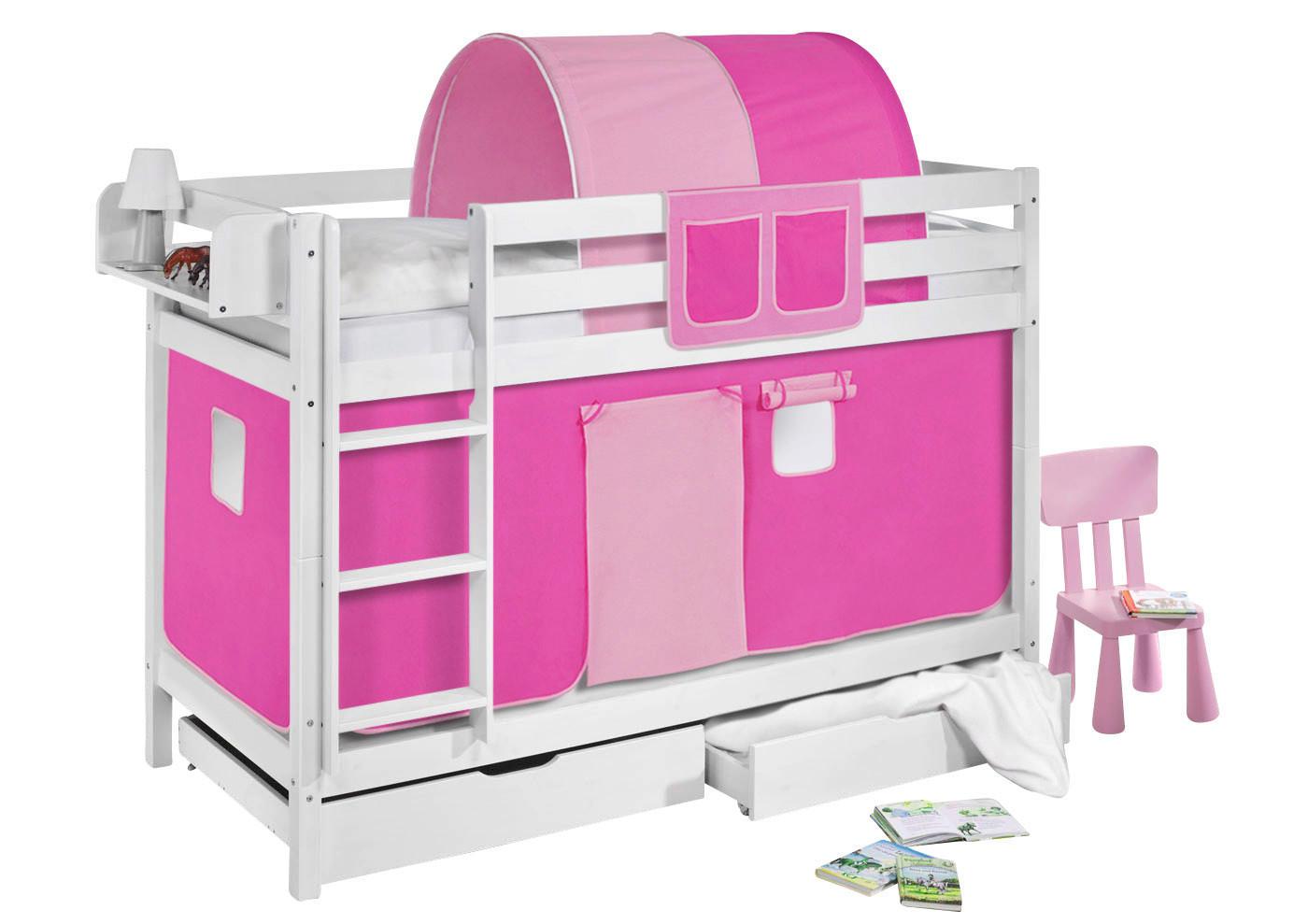 ETAGENBETT JELLE 90x200 cm rosa - Hochbett - inkl. Vorhang und 2 Lattenrosten - Weiß, Holz - Lilokids