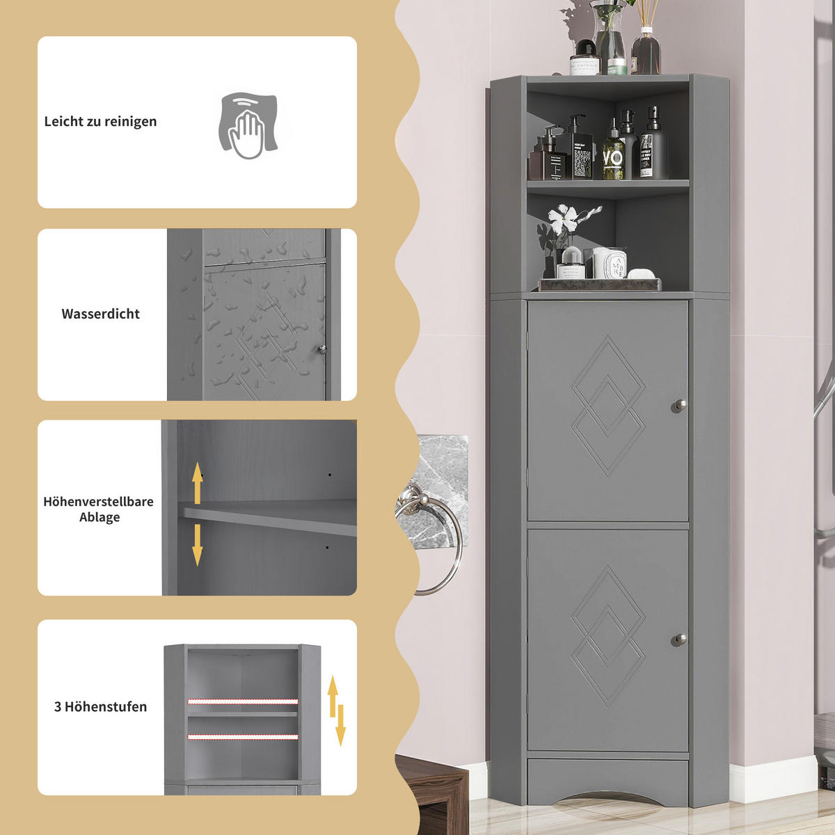 BUFFET Moderner Eck-Hochschrank dreieckiges Design kippsicher feuchtigkeitsresistent minimalistisch vielseitig - Grau, Holzwerkstoff (36.5/155/36.5cm) - EVRYAE