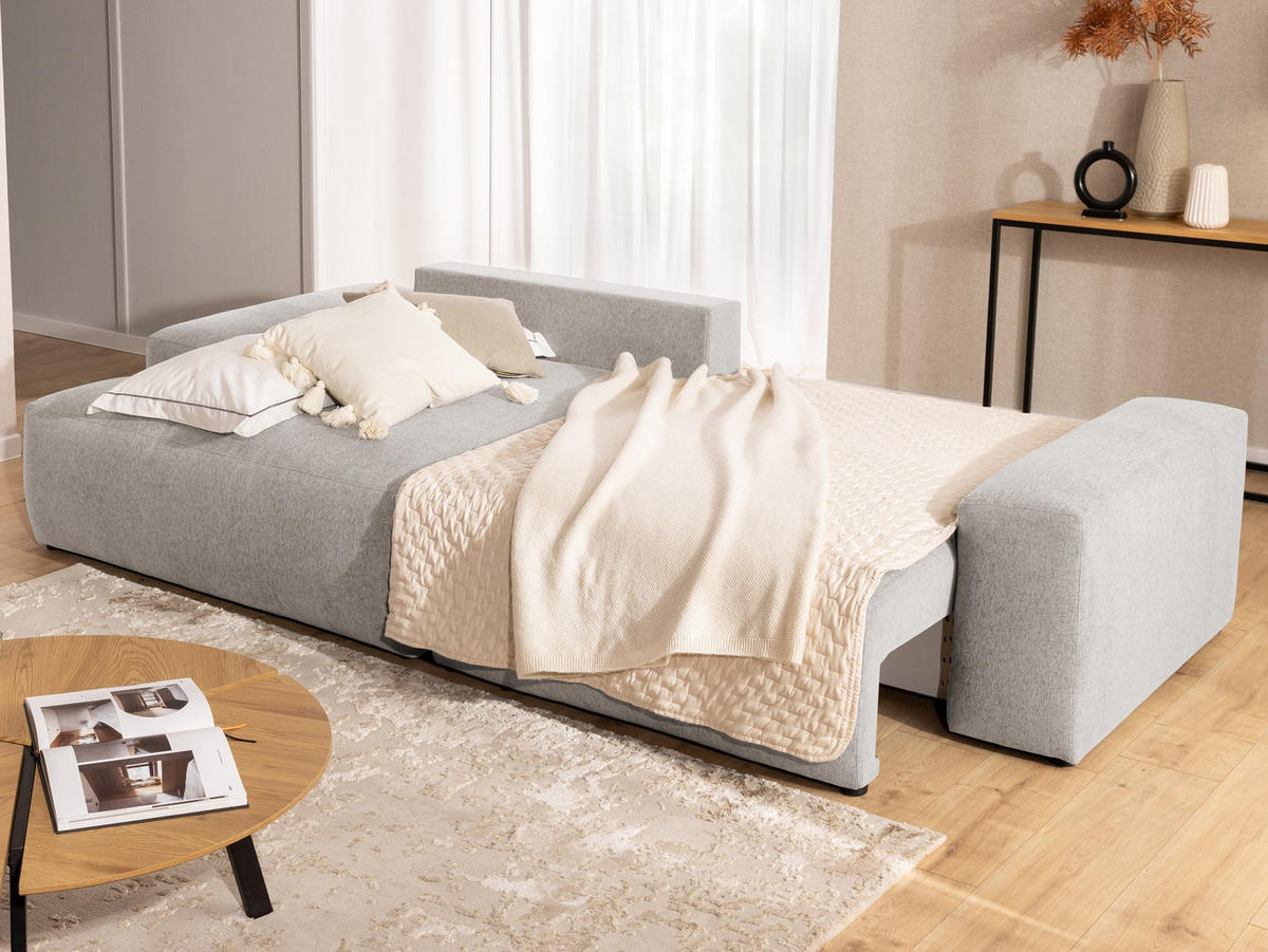 ECKSOFA Lennon aus Beige Strukturstoff mit Schlaffunktion und Bettkasten - Beige/Schwarz, Holz/Kunststoff (137/264cm) - S-Style