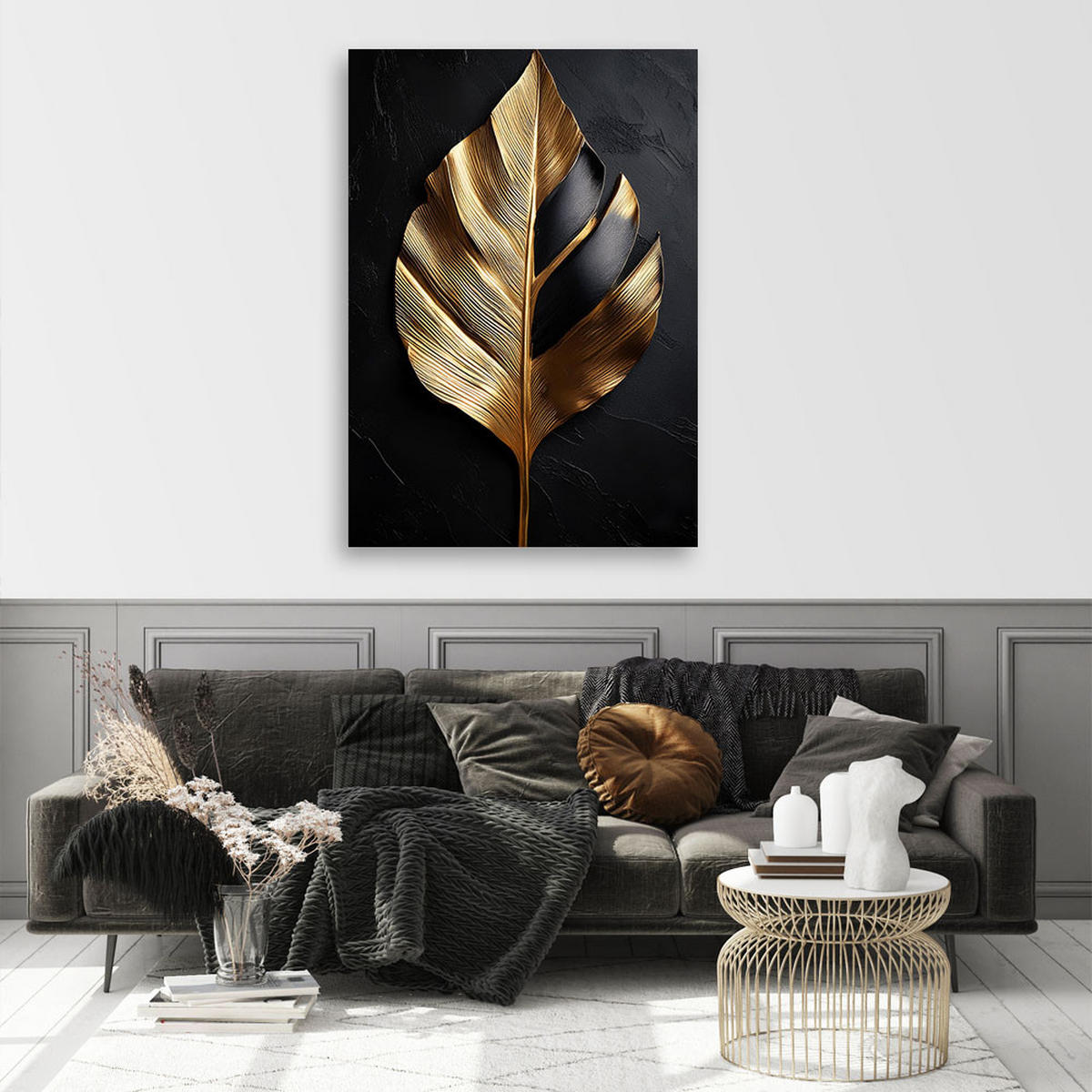 LEINWANDBILD Schwarzes und goldenes Palmblatt 70x100cm - Goldfarben, Textil (70/100cm) - Feeby