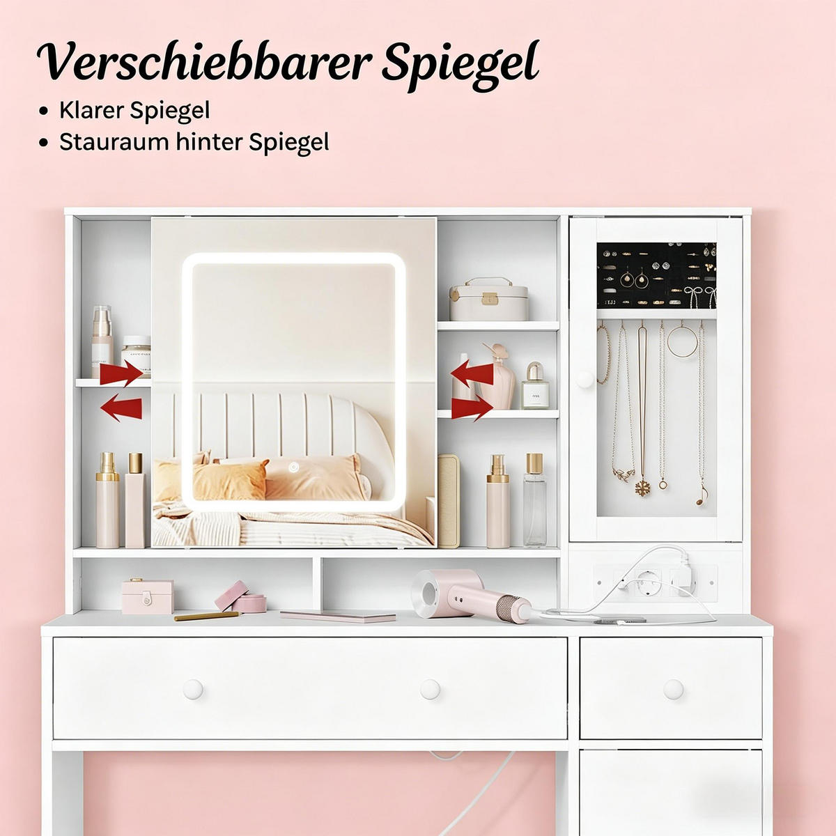SCHMINKTISCH mit verstellbarem LED-Spiegel, Steckdosen, 108*40*139cm - Weiß, Glas (85/14/95cm) - Vallsero