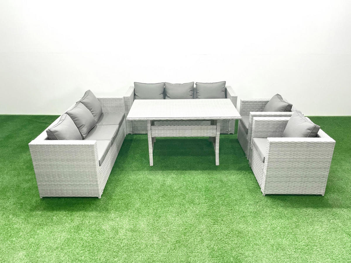 GARTENMÖBEL SET mit 3-Sitzer-Sofa und 2 Stühle, Esstisch Polyrattan Hellgrau 8-Sitzer - Hellgrau/Grau, Glas/Kunststoff - Fimous