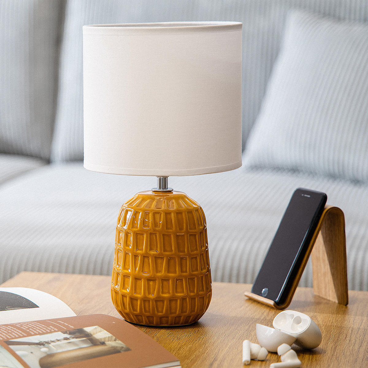 TISCHLEUCHTE STANDI Tischlampe, Honig, Weiß - Gelb, Keramik/Textil (16.5/16.5/31.5cm) - KONSIMO®