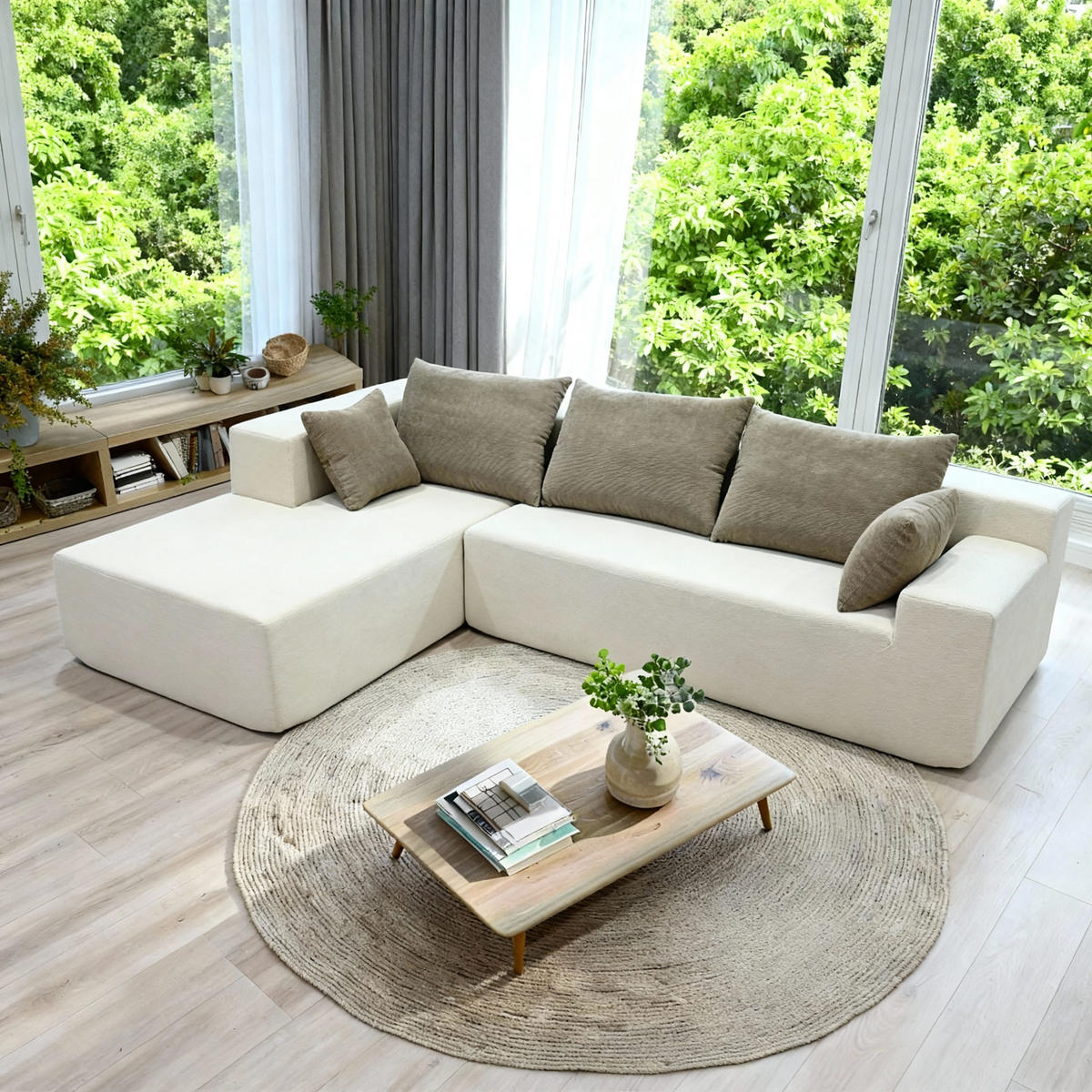 ECKSOFA Luna Weiß Sand 3-Sitzer Links - Weiß/Braun, Textil (267/175cm) - COCO Living