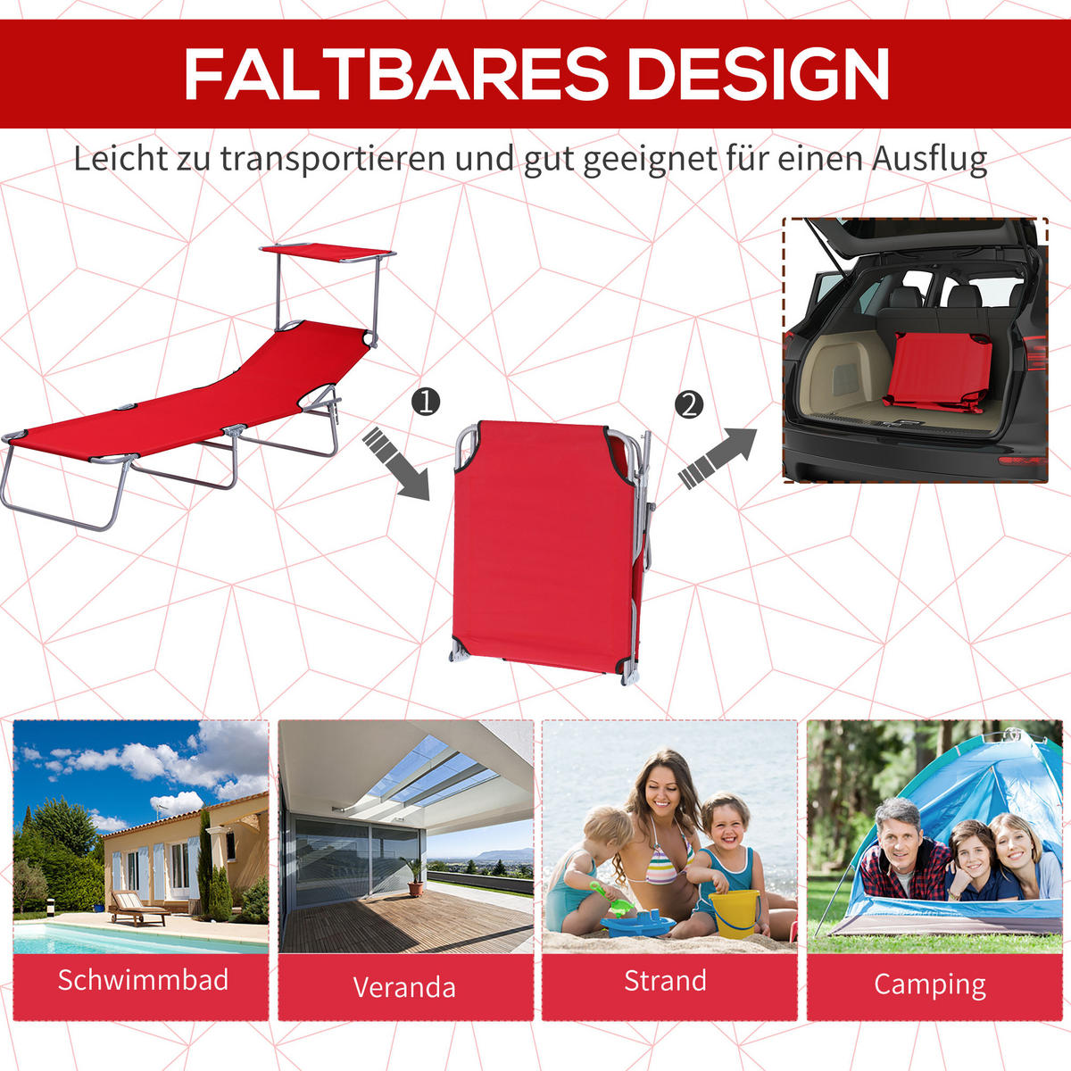 SONNENLIEGE mit Sonnenschutz, Rot - Rot, Textil/Metall (58/27/187cm) - Outsunny