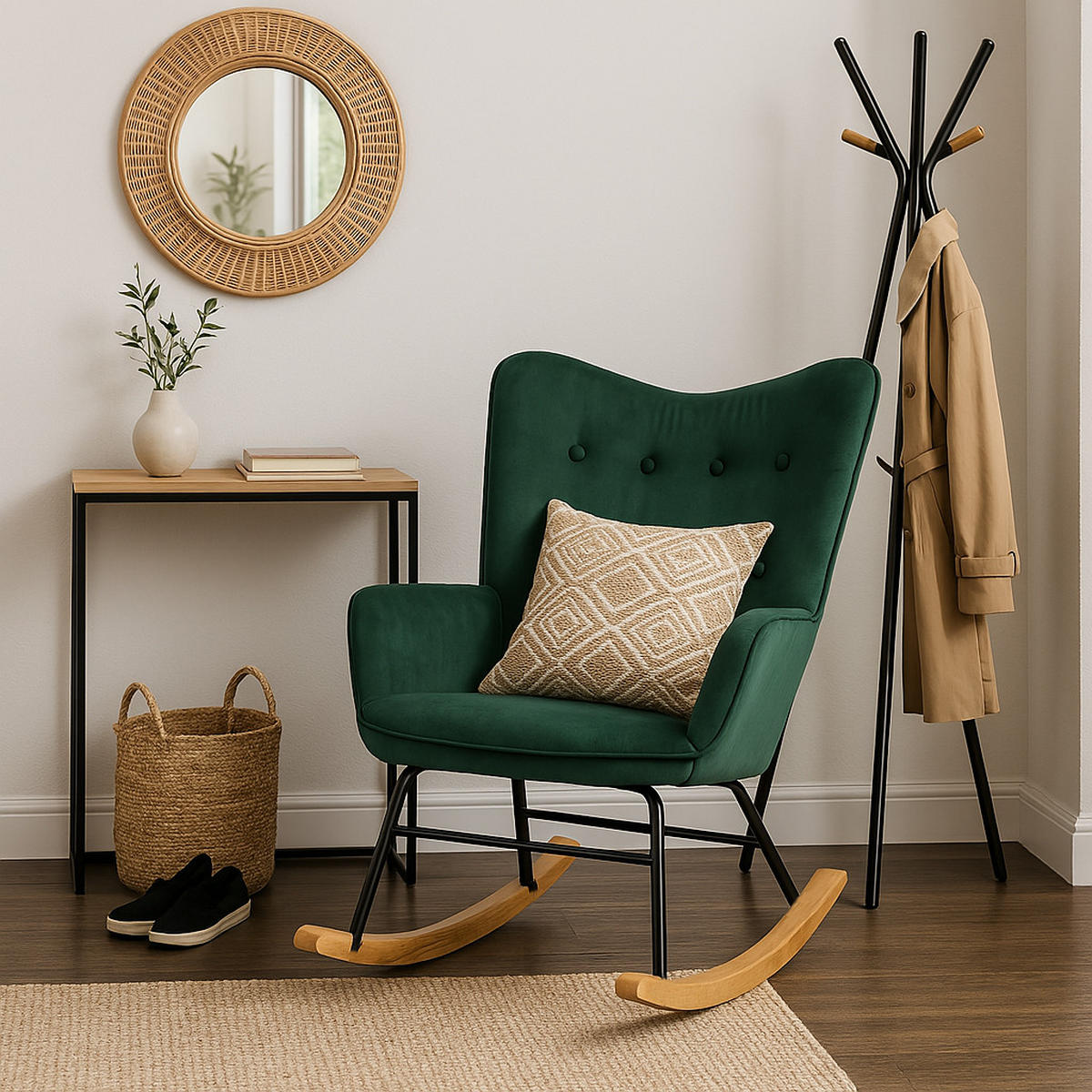 SCHAUKELSESSEL Samt Grün - Dunkelgrün/Eichefarben, Holz/Holzwerkstoff (61/85/81cm) - Urban Meuble