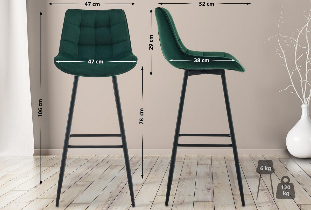 BARHOCKER Samt grün - Schwarz/Grün, Textil/Metall (47/106/52cm) - CLP