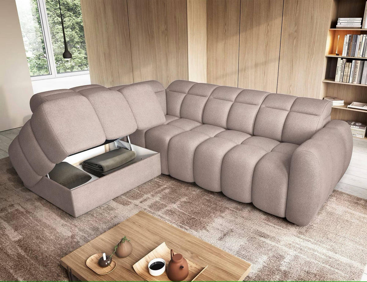 ECKSOFA mit elektrischem Sitzvorschub, Bettkasten und verstellbare Kopflehnen - Beige, Naturmaterialien/Textil (258/208cm) - Eltap