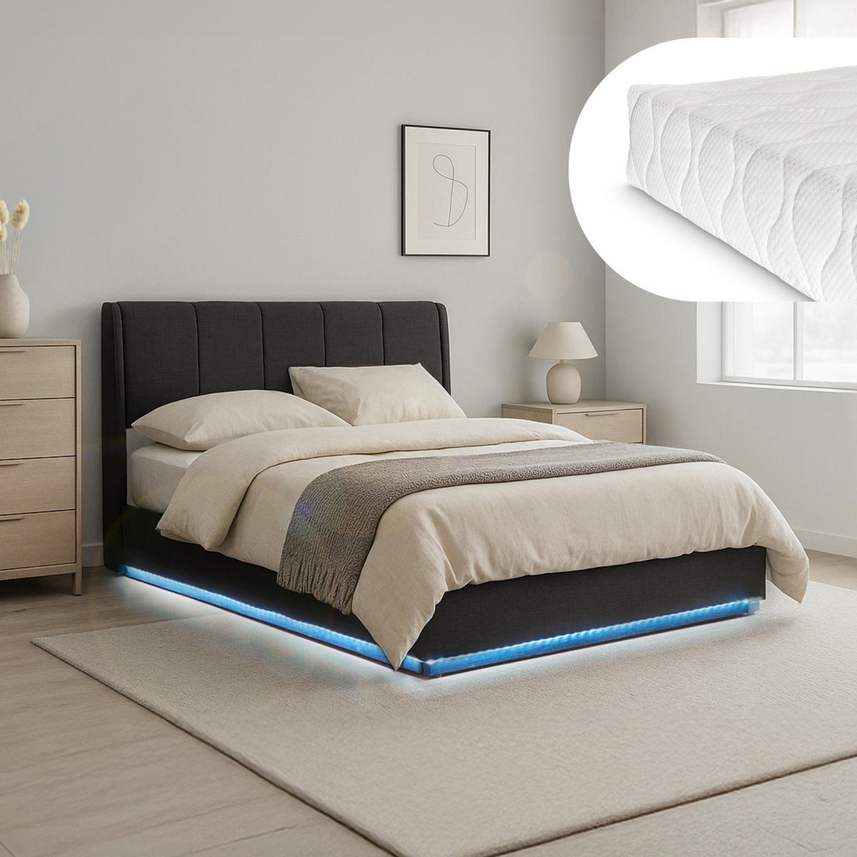 LED POLSTERBETT Tröstiar mit Matratze - Schwarz, Holzwerkstoff/Kunststoff (160/200cm) - [en.casa]