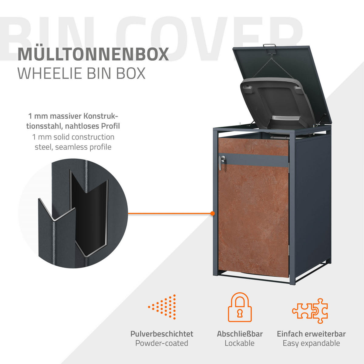 MÜLLTONNENBOX 1er Anthrazit-Rostoptik - Rotbraun, Metall (80/116.3/68cm) - ML-DESIGN