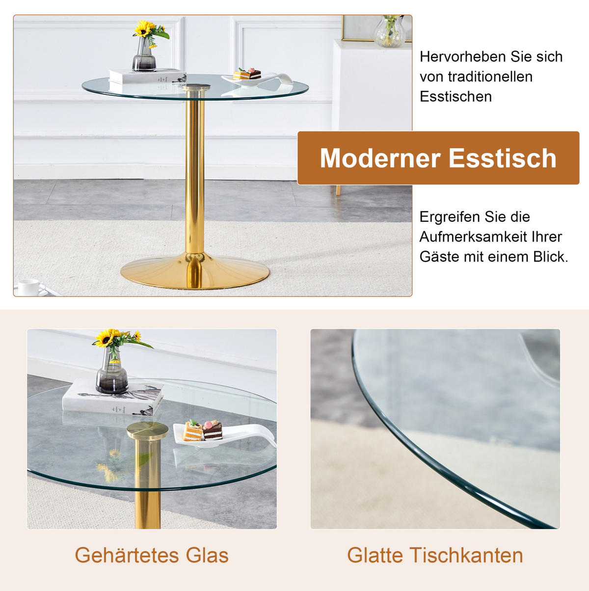 ESSZIMMER-SET 3-tlg. 85 cm Transparent Weiß-Gold - Weiß, Metall (85/76/85cm) - Meubliv
