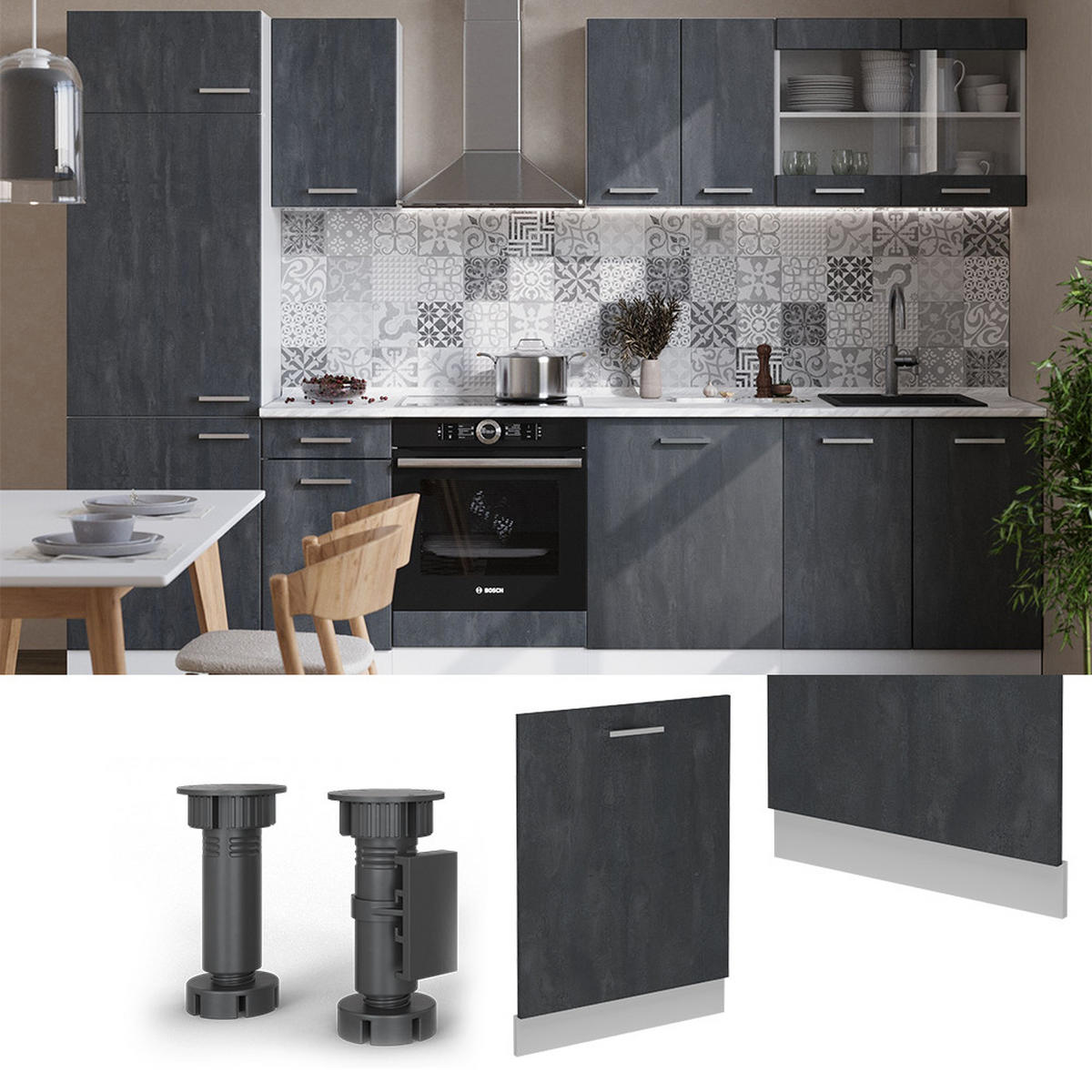 GESCHIRRSPÜLBLENDE R-Line Schwarz Beton 60 cm ohne Arbeitsplatte - Schwarz/Weiß, Holzwerkstoff (60/81.8/1.6cm) - Vicco