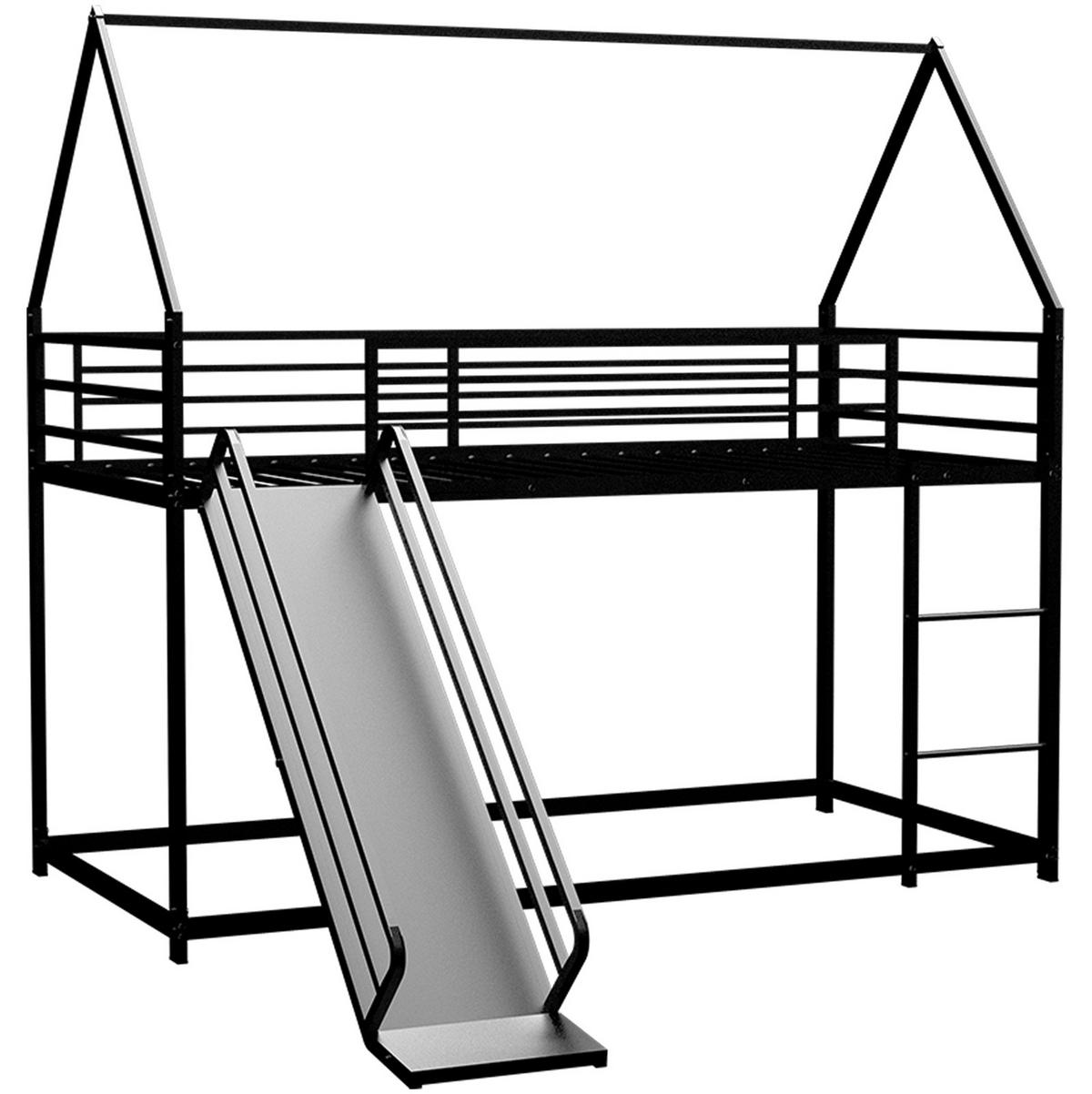 ETAGENBETT 180/200 cm schwarz aus Eisen mit Rutsche und Spielhausdesign - Schwarz, Metall (180/200cm) - OKWISH