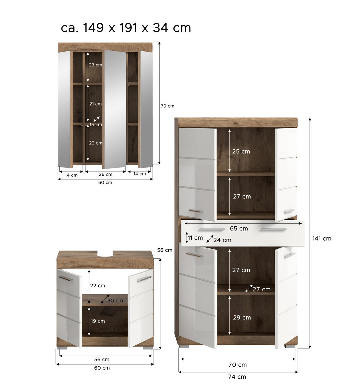 BADMÖBEL-SET weiß Hochglanz, Eiche 3-teilig 149 cm mit viel Stauraum - Weiß Hochglanz/Eichefarben, Glas/Holzwerkstoff (149/191/34cm) - Inn.Furn
