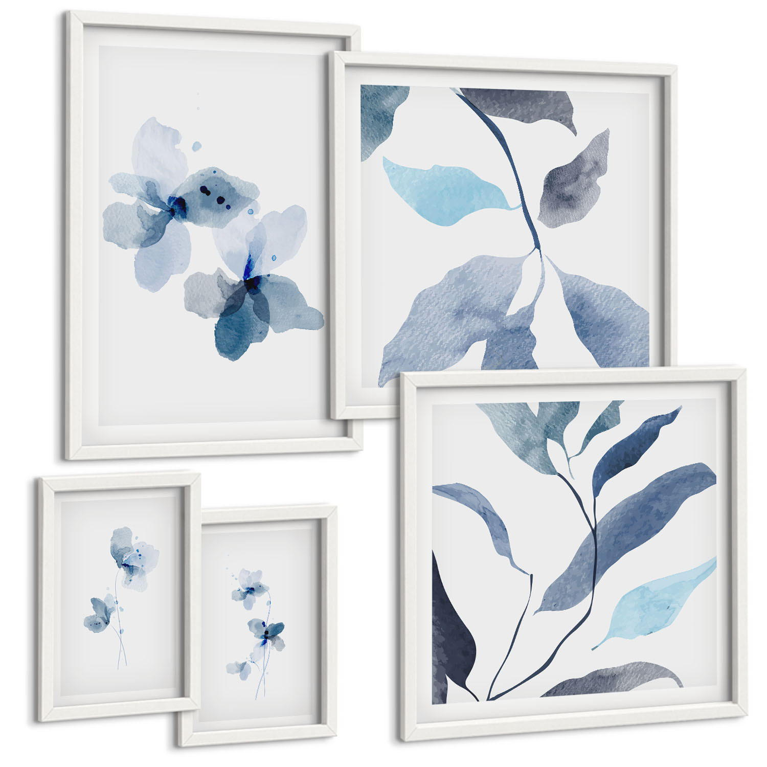 BILDER SET 5er Set - 50x50 cm & 20x30 cm & 40x60 cm Weißer Rahmen - Minimalistische blaue Blumen - Weiß, Kunststoff (40/60cm) - TULUP