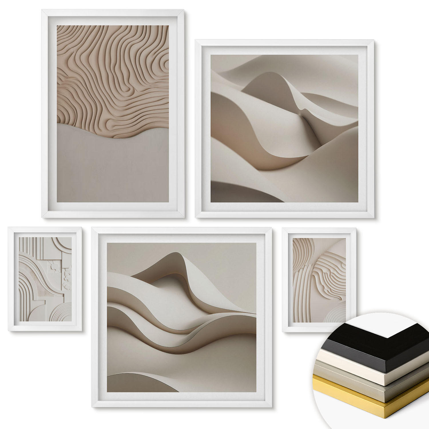 WANDBILDER 5er-Set - 50x50 cm & 20x30 cm & 40x60 cm Weißer Rahmen - Abstrakte Wellen auf dem Sand - Weiß, Kunststoff (40/60cm) - ArtPrintCave