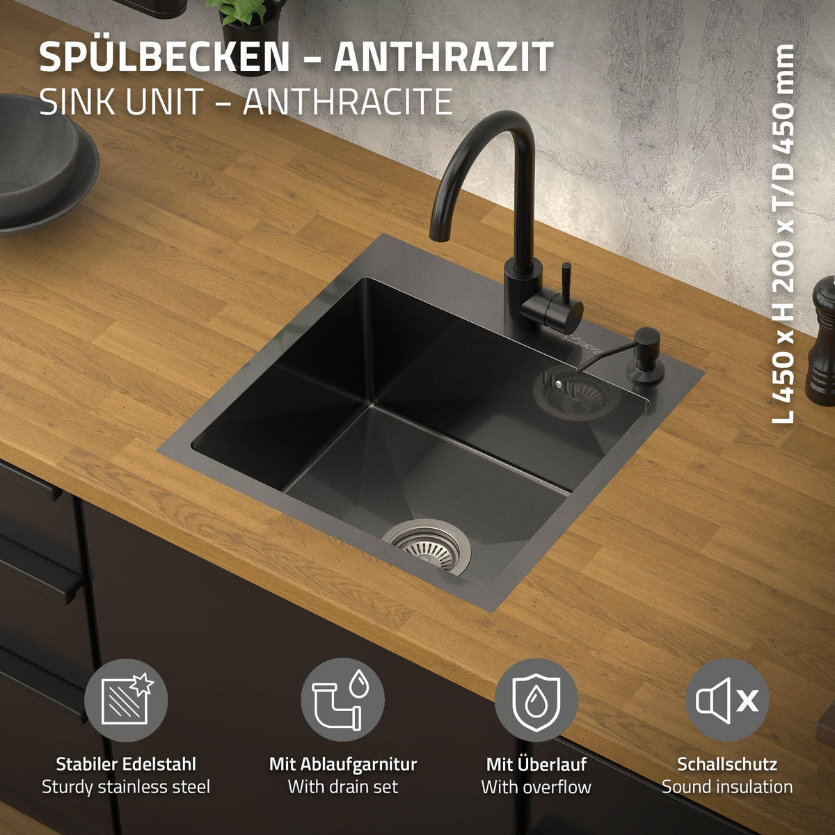 SPÜLBECKEN Edelstahl 45/45cm Anthrazit - Anthrazit, Metall (45/20/45cm) - ML-DESIGN