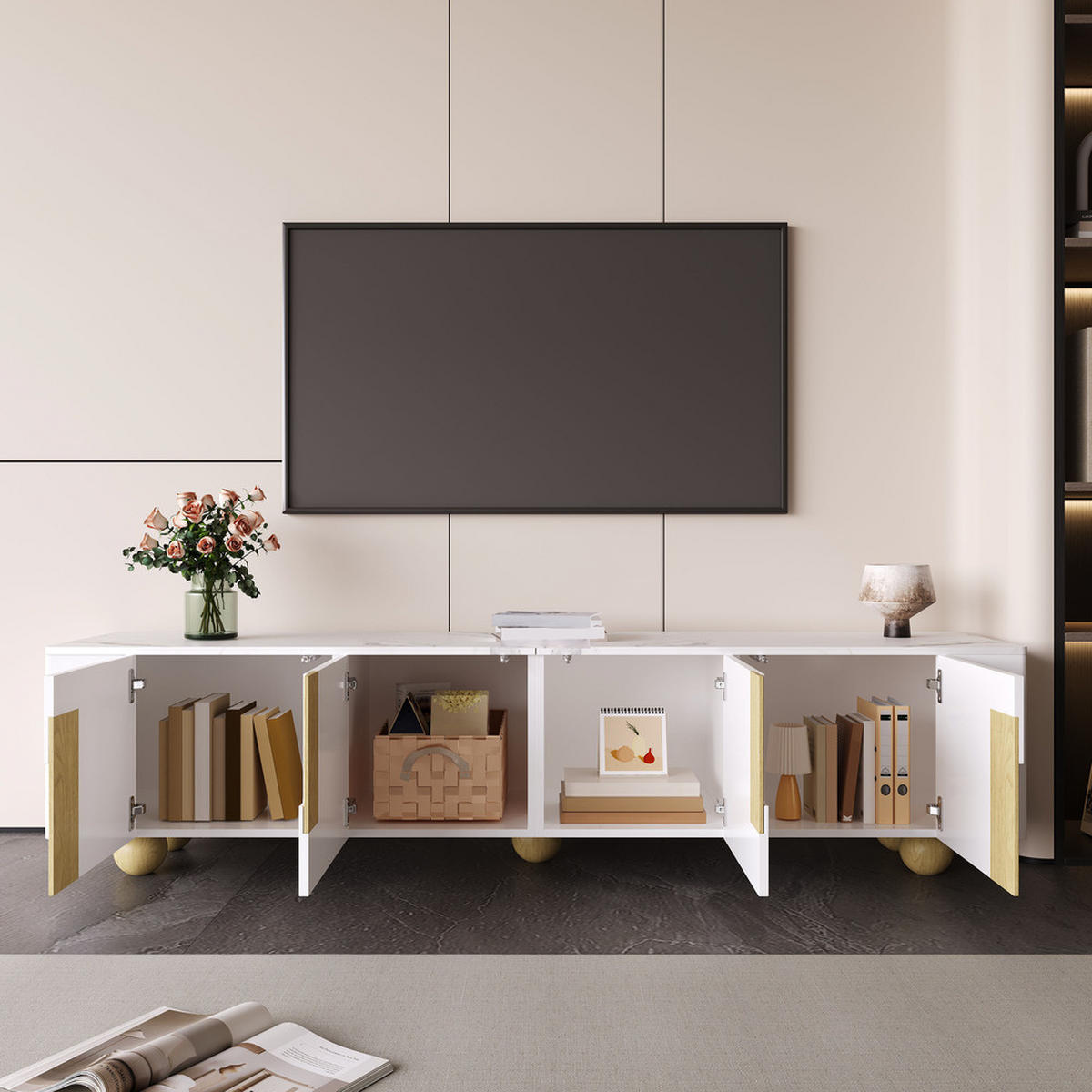 TV-SCHRANK 180cm Weiß 4 Türen Marmoroptik kugelförmige Holzfüße - Weiß, Holz (43.99/35.18/50.8cm) - FLIEKS