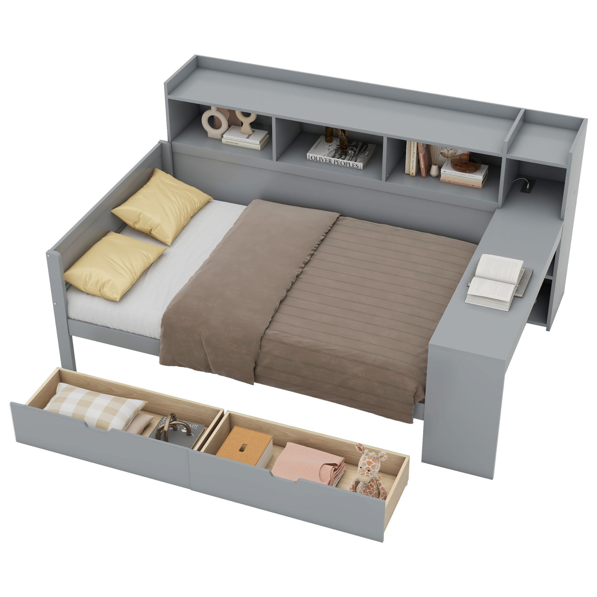 SCHLAFSOFA 90x200cm Grau Spanplatte Nachttischablage Schreibtisch USB - Grau, Holz (90/200cm) - FLIEKS