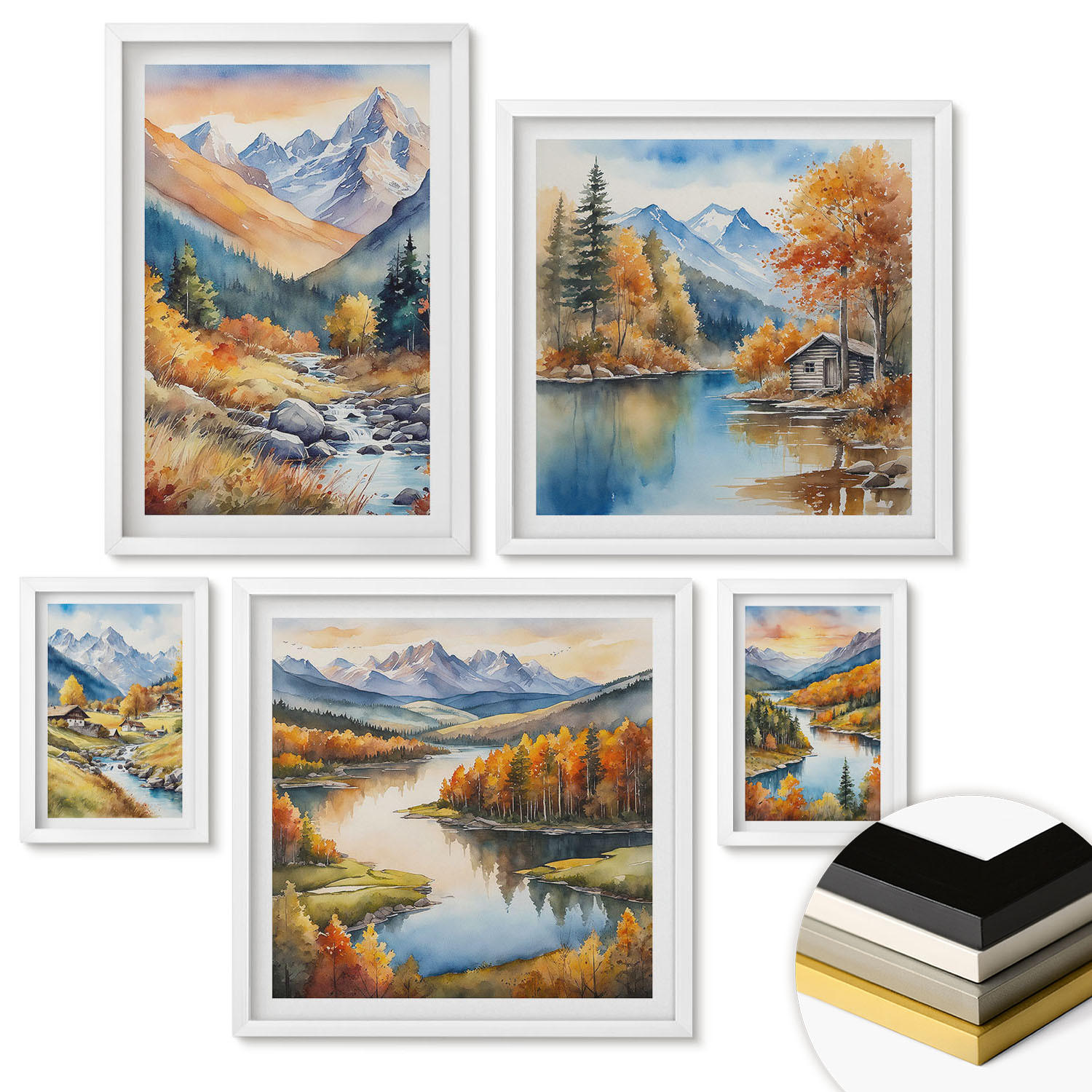 WANDBILDER 5er-Set - 50x50 cm & 20x30 cm & 40x60 cm Weißer Rahmen - Berglandschaft, Flusshütten - Weiß, Kunststoff (40/60cm) - ArtPrintCave
