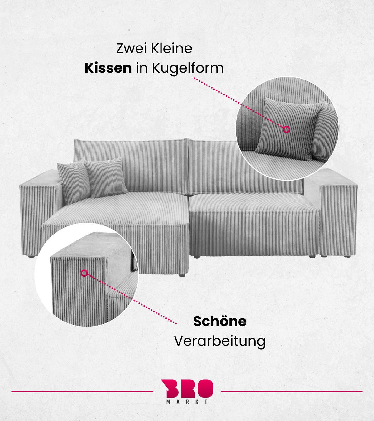 ECKSOFA Pedro mit Schlaffunktion Hellgrau Cord - Hellgrau, Textil (255/153cm) - Bromarkt