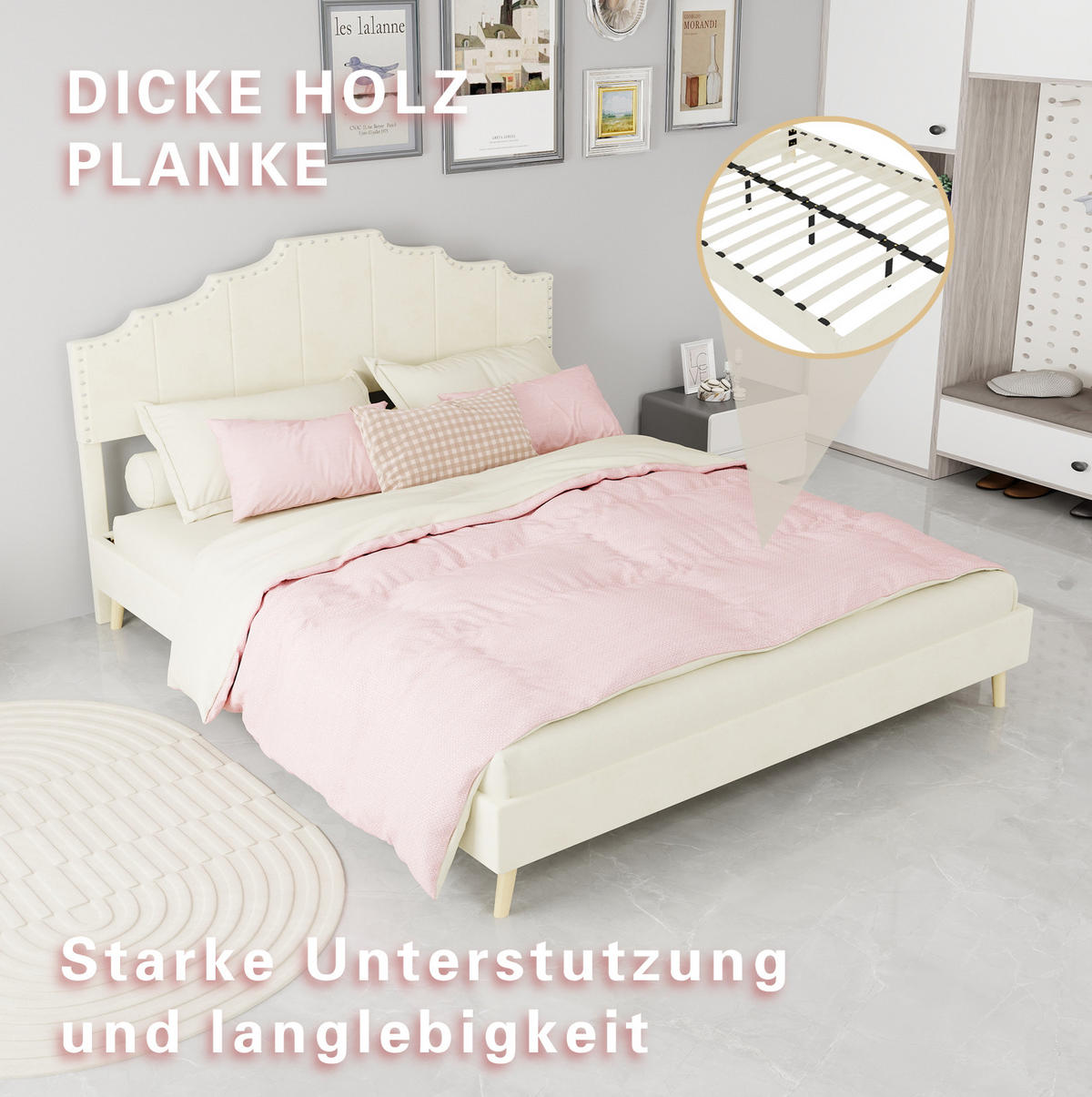 POLSTERBETT 160/200 cm mit geometrischem Kopfteil und Lattenrost, Beige - Beige, Textil (160/200cm) - Redom