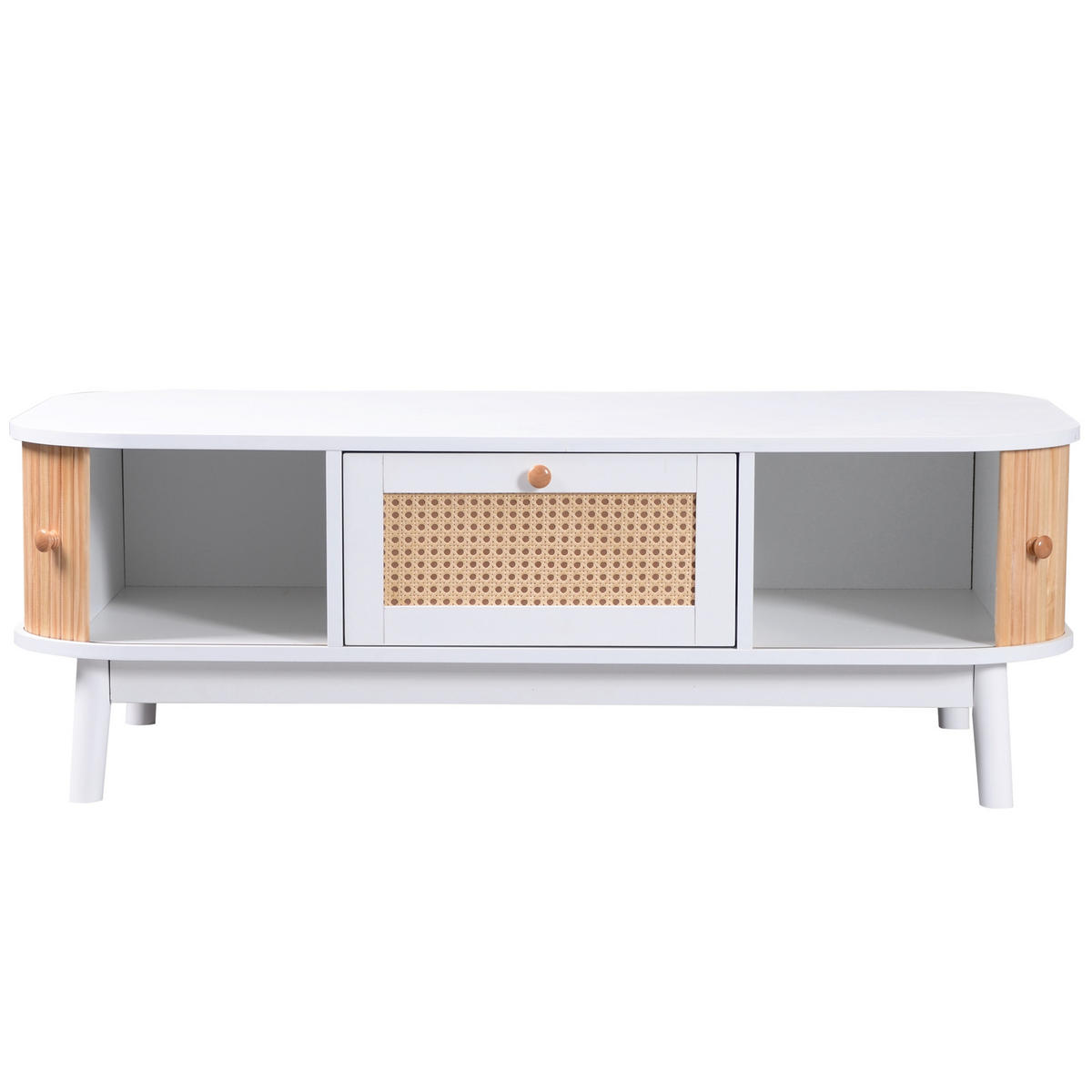 COUCHTISCH weiß & holz-optik mit rattan-schublade & massivholz-schiebetüren - Weiß, Holzwerkstoff (55/110/38.5cm) - Urban Meuble