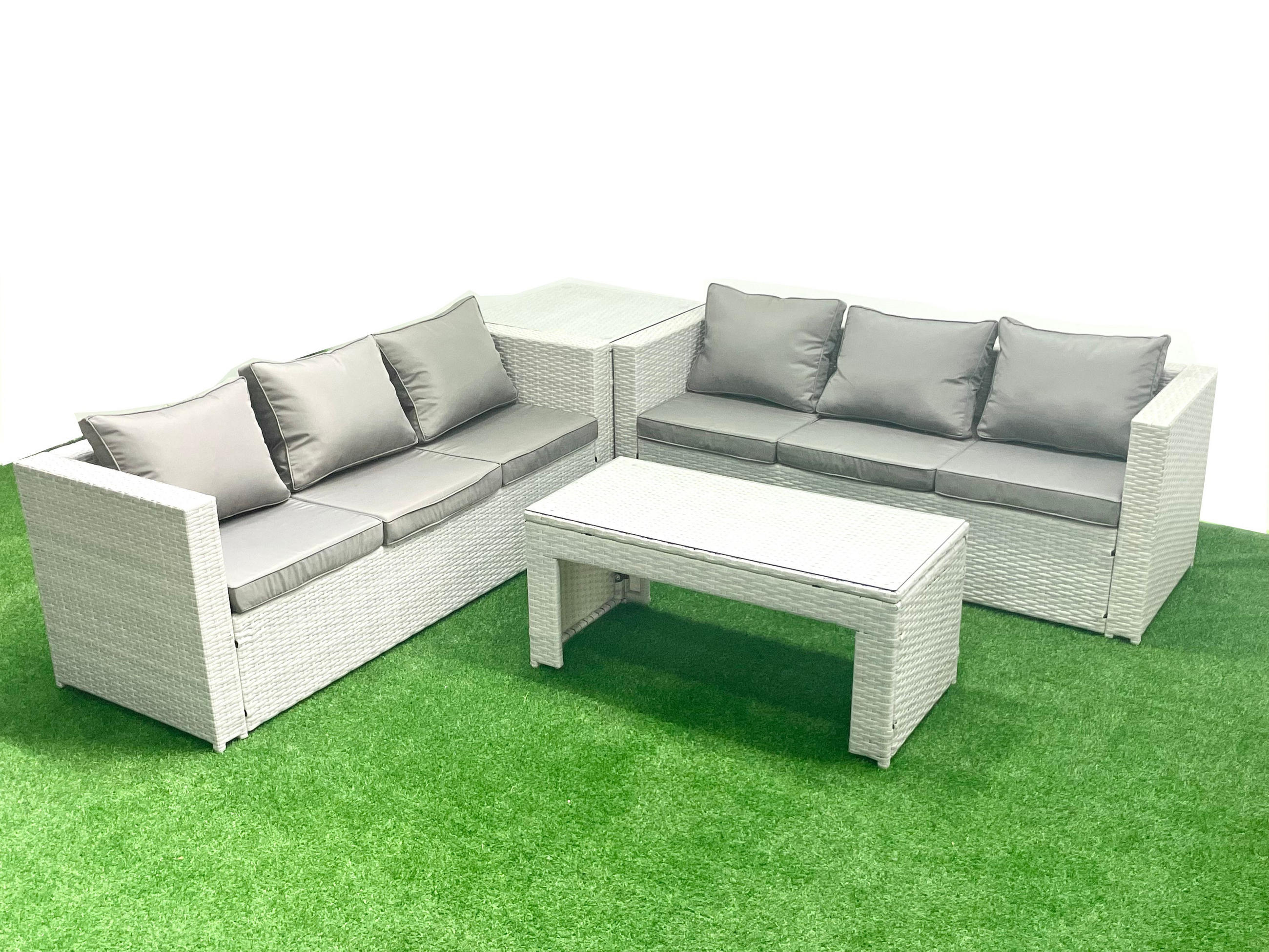 GARTENSOFA hohe Rückenlehne Polyrattan Hellgrau-Mix 6-Sitzer - Hellgrau/Grau, Glas/Kunststoff - Fimous