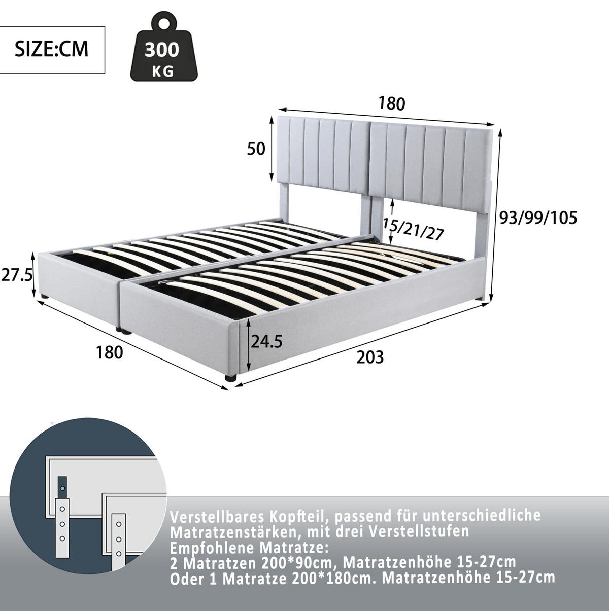 POLSTERBETT aus Leinenstoff 180x200 cm Grau mit hydraulischem Stauraum, in 2 Einzelbetten teilbar - Grau, Textil (180/200cm) - Modfu