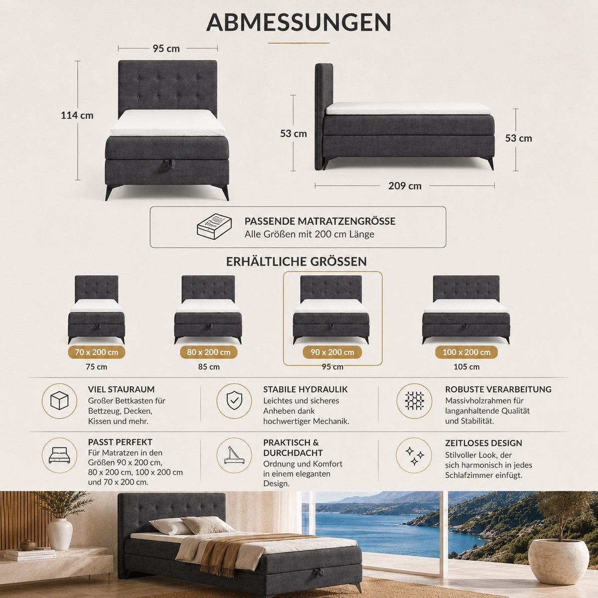 BOXBETT K15 Single SLIM mit Bettkasten & Bonell-Federkern inkl. Topper - Dunkelgrau, Holz/Textil (200/90cm) - Best For Home