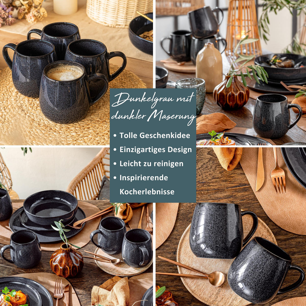 KAFFEEBECHER SET BALI - 4 teilig aus Steingut - Grau, Keramik (26/14/24cm) - Sänger
